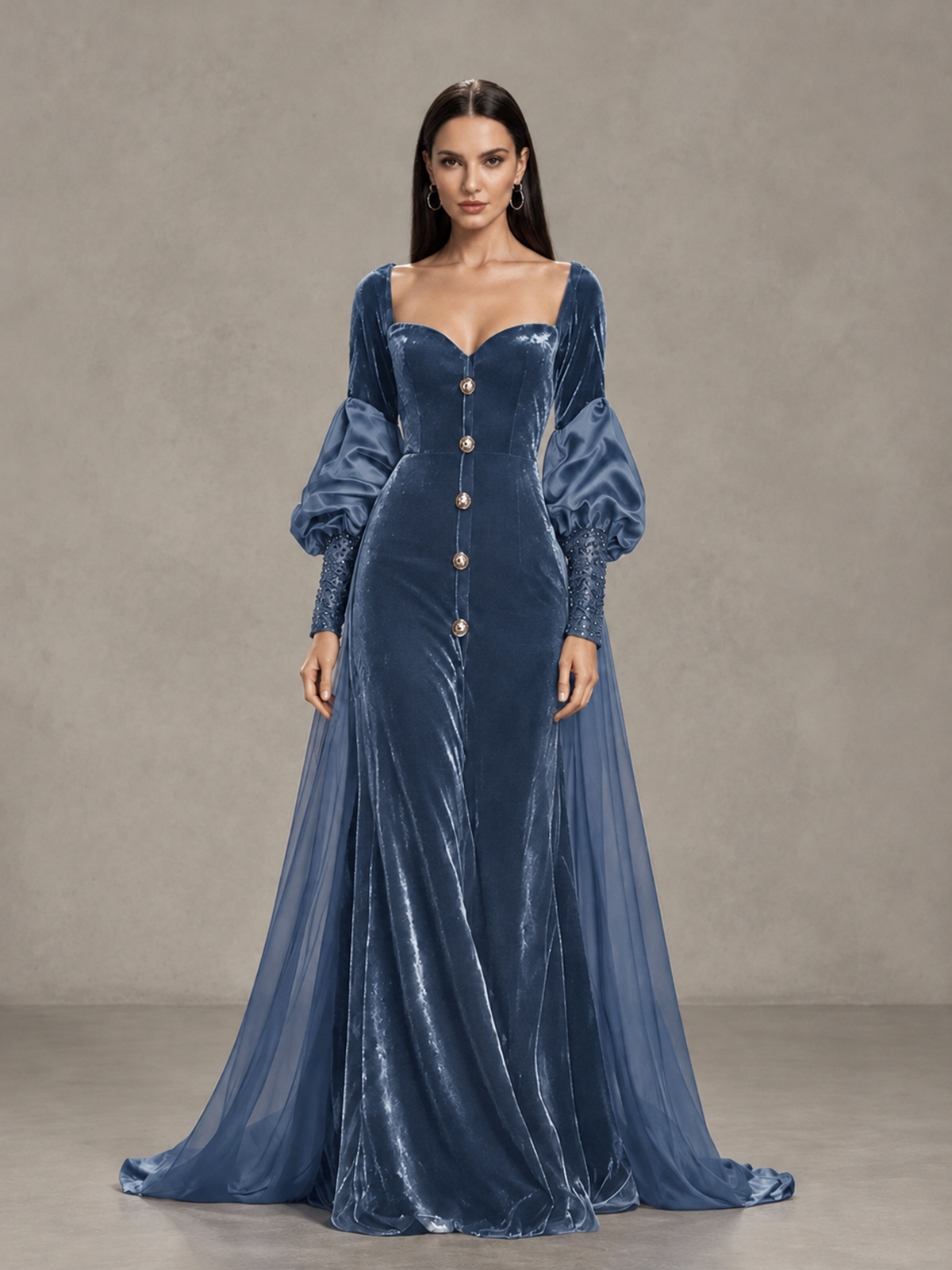 BOLODOO Dusty Blue Velvet Long Sleeve Open-Back Evening Gown - Dusty Blue - Dusty Blue_3
