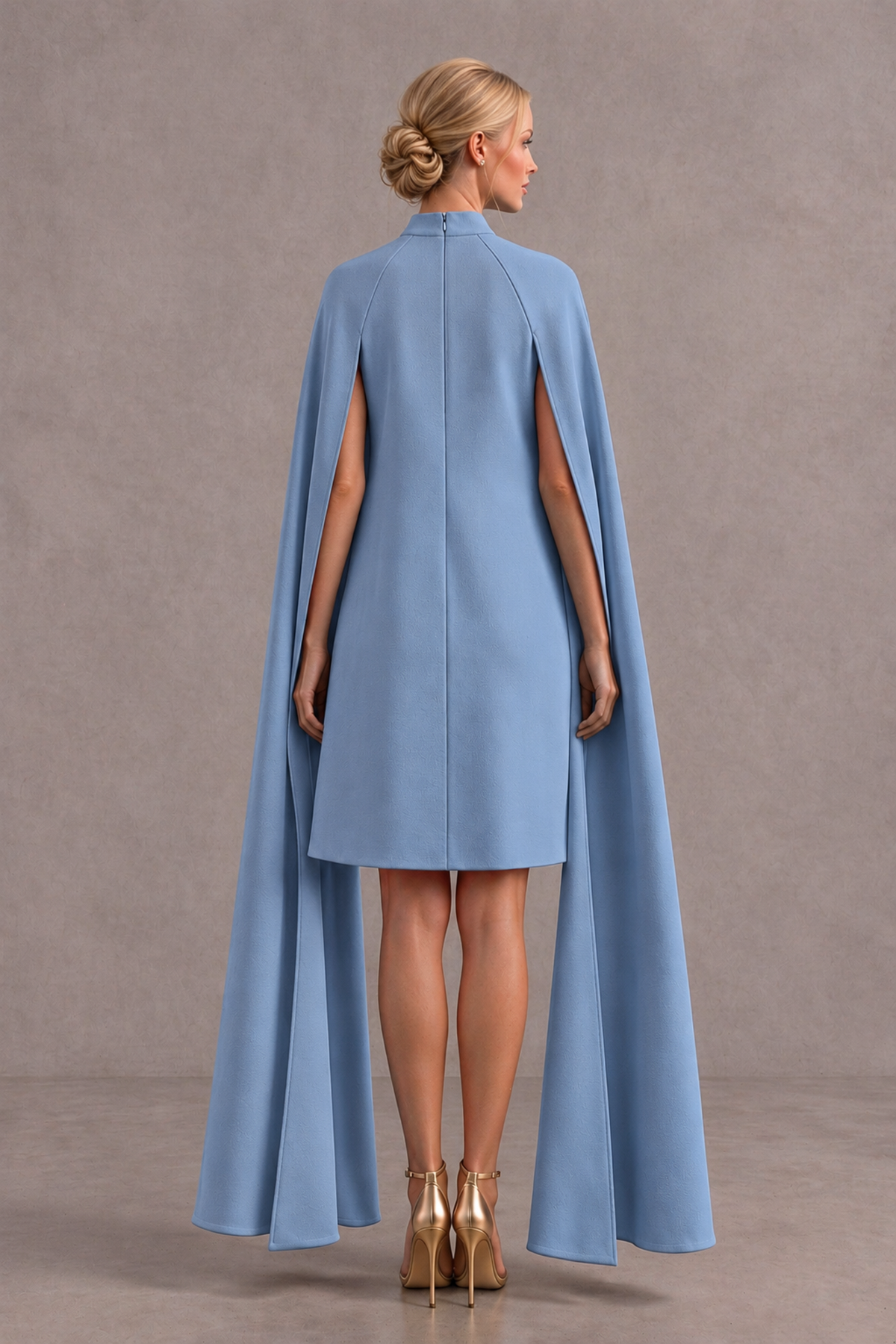 BOLODOO Dusty Blue High Neck Floral Cape Mini Cocktail Dress - Dusty Blue - Dusty Blue_3