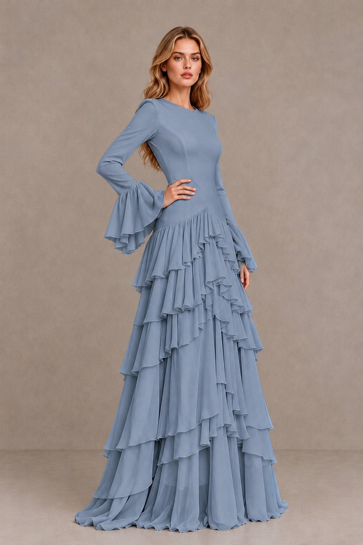 Dusty Blue Long Sleeve Tiered Ruffle Evening Gown - Dusty Blue - Dusty Blue_3
