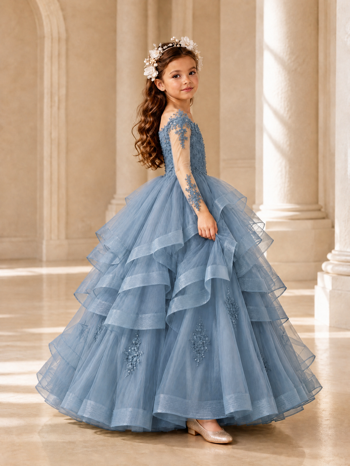 BOLODOO Dusty Blue Lace Long Sleeve Tiered Flower Girl Dress - Dusty Blue - Dusty_Blue_3
