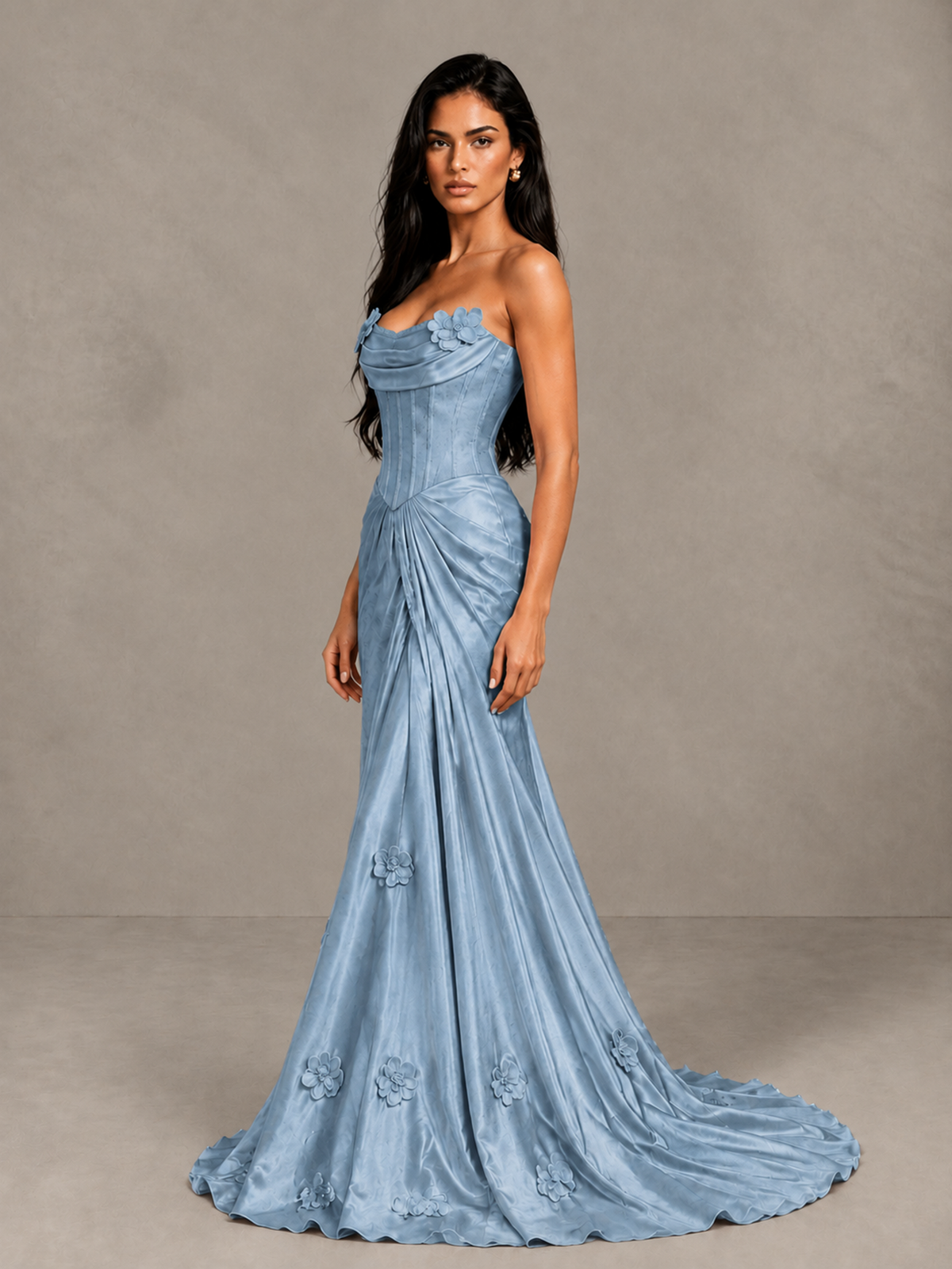 BOLODOO Dusty Blue Strapless Floral Corset Evening Gown with Train - Dusty Blue - Dusty Blue_3