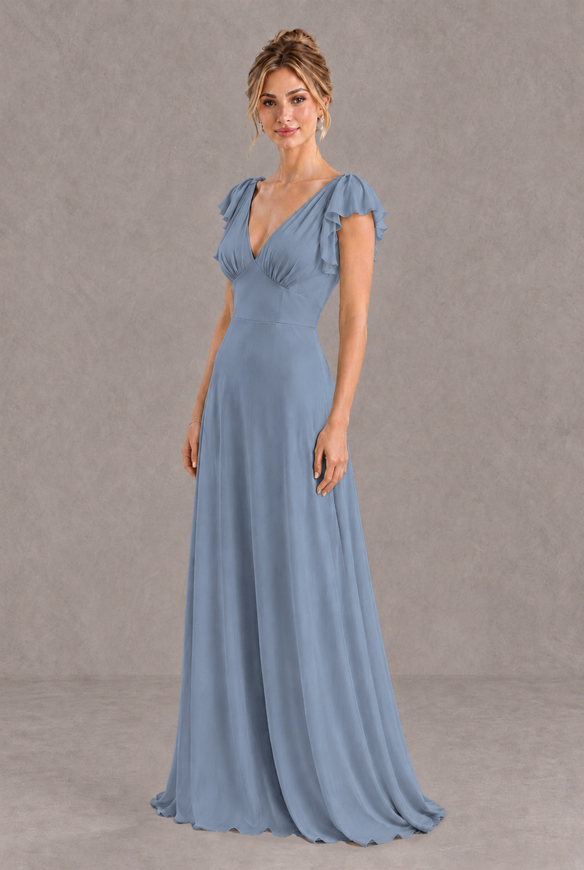 BOLODOO Dusty Blue V-Neck Flutter Sleeve A-Line Bridesmaid Dress - Dusty Blue - Dusty Blue_3