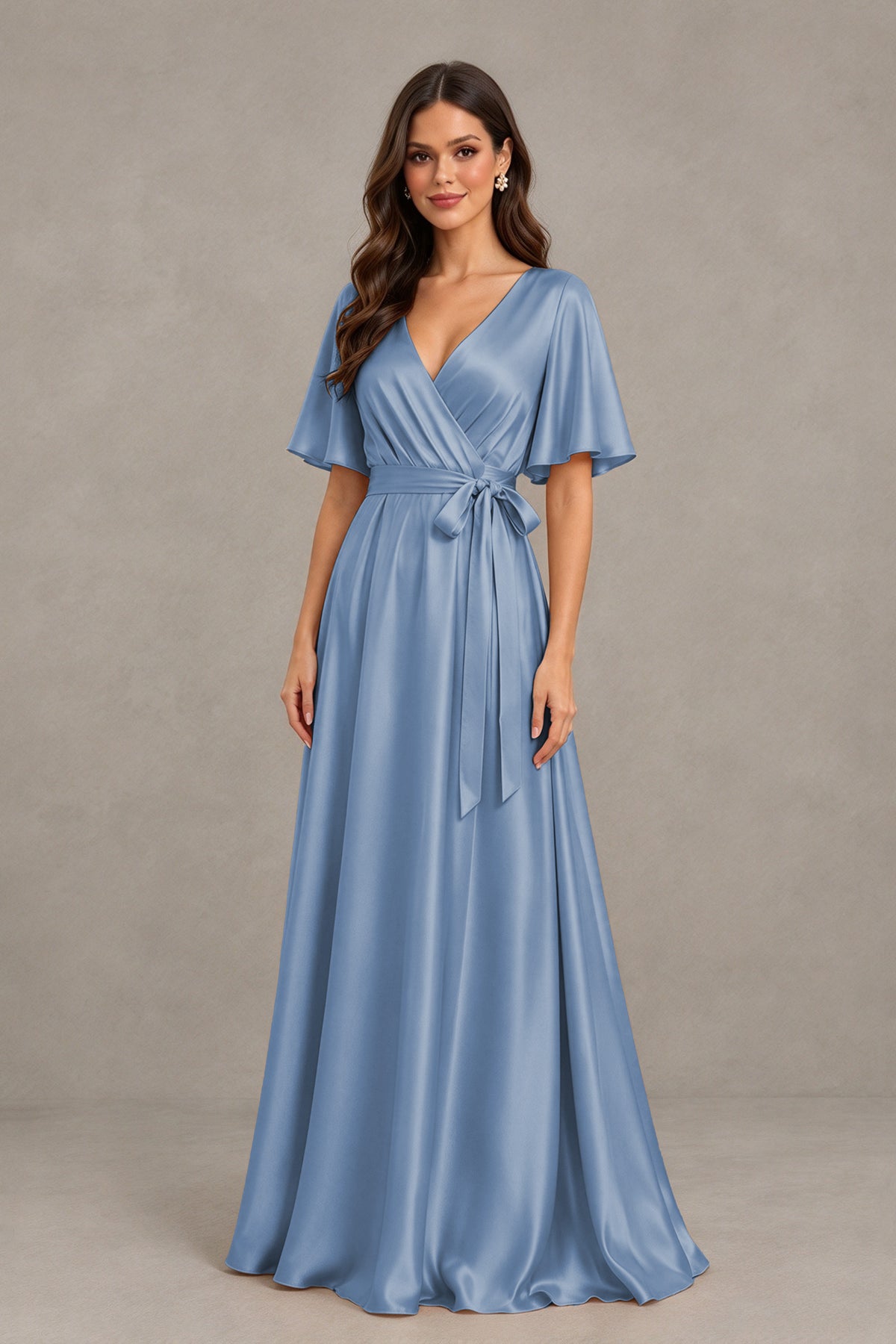 BOLODOO Dusty Blue Satin V-Neck Flutter Sleeve Bridesmaid Dress with Slit - Dusty Blue - Dusty Blue(3)