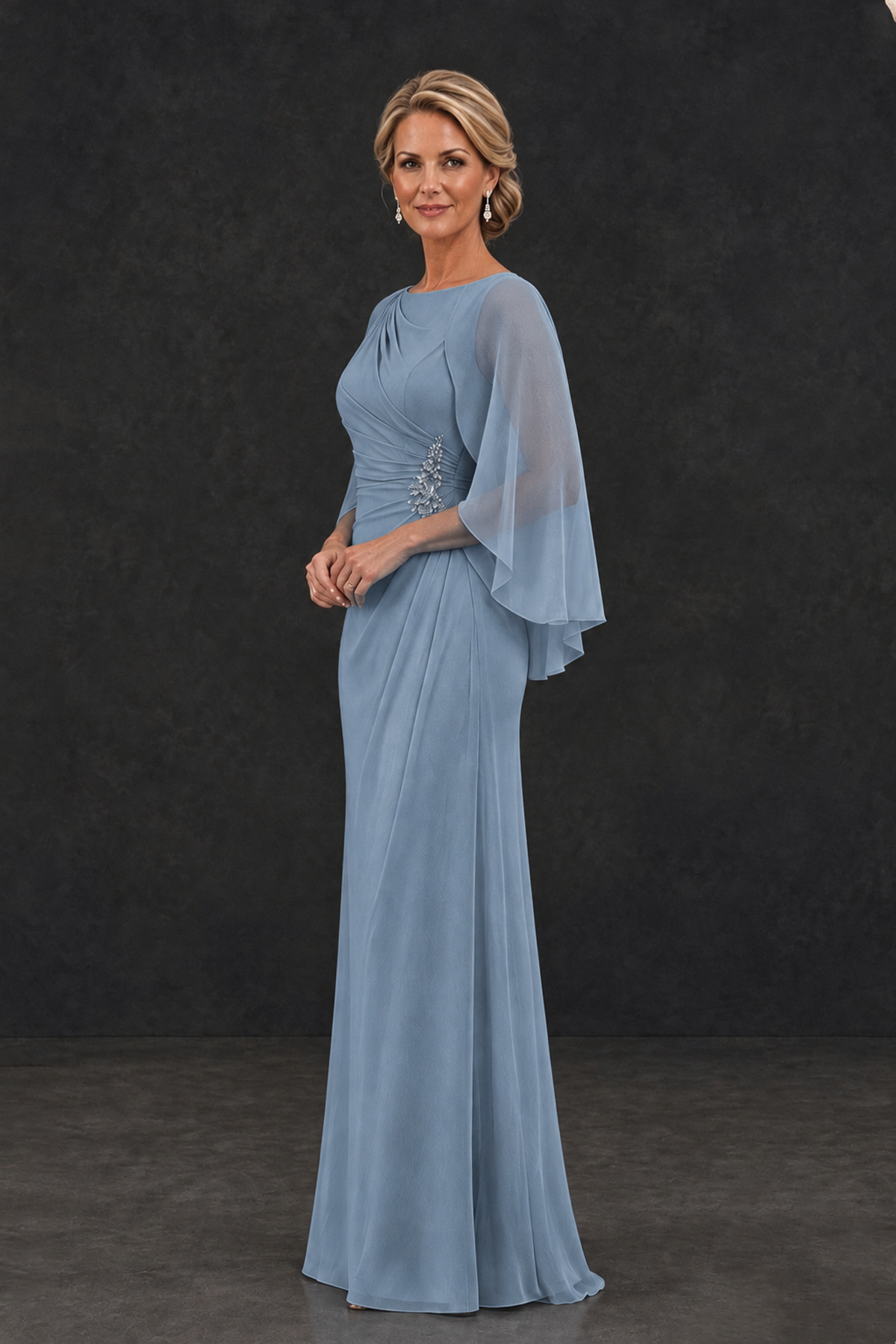 BOLODOO Dusty Blue Cape Sleeve Mother of the Bride Dress with Ruched Waist - Dusty Blue - Dusty Blue_3