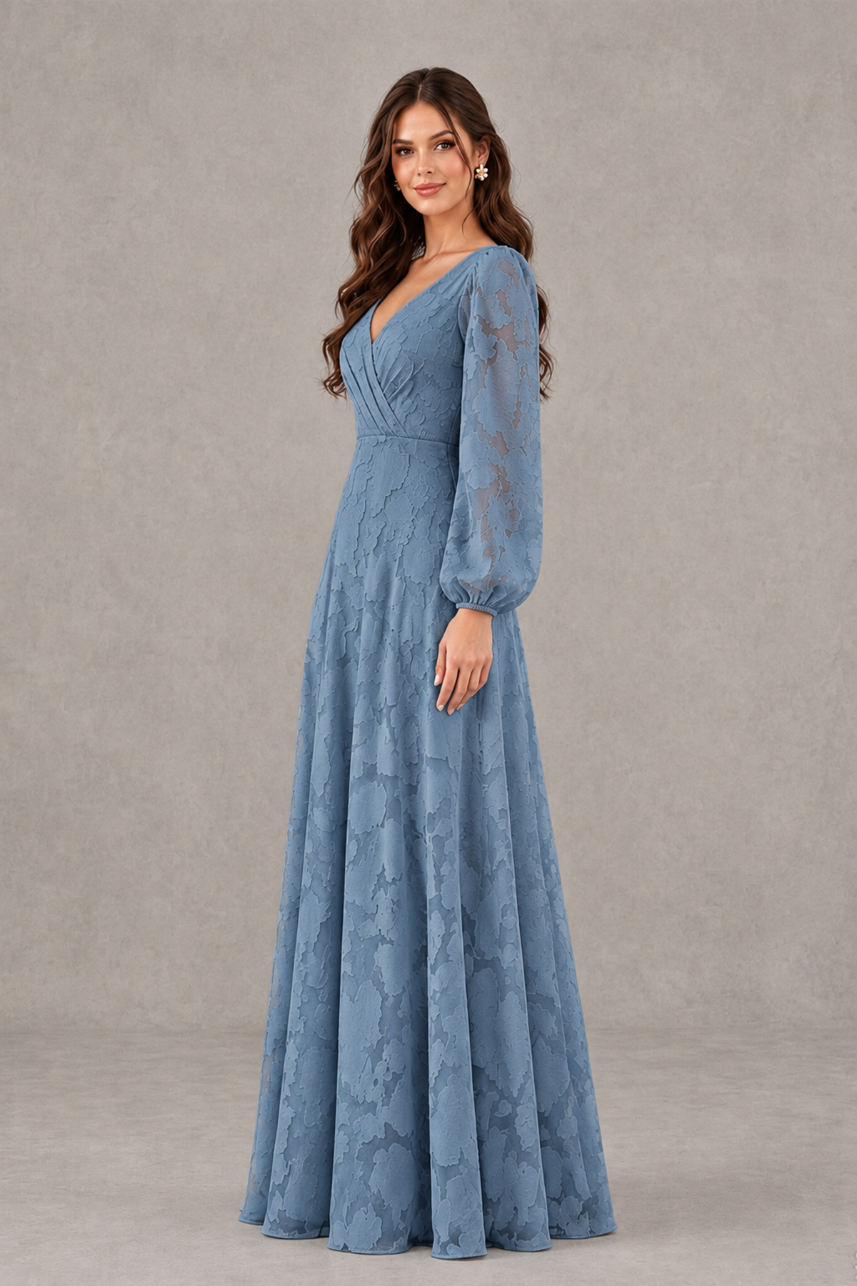 BOLODOO Dusty Blue Long Sleeve V-Neck A-Line Mother of the Bride Dress - Dusty Blue - Dusty Blue_3