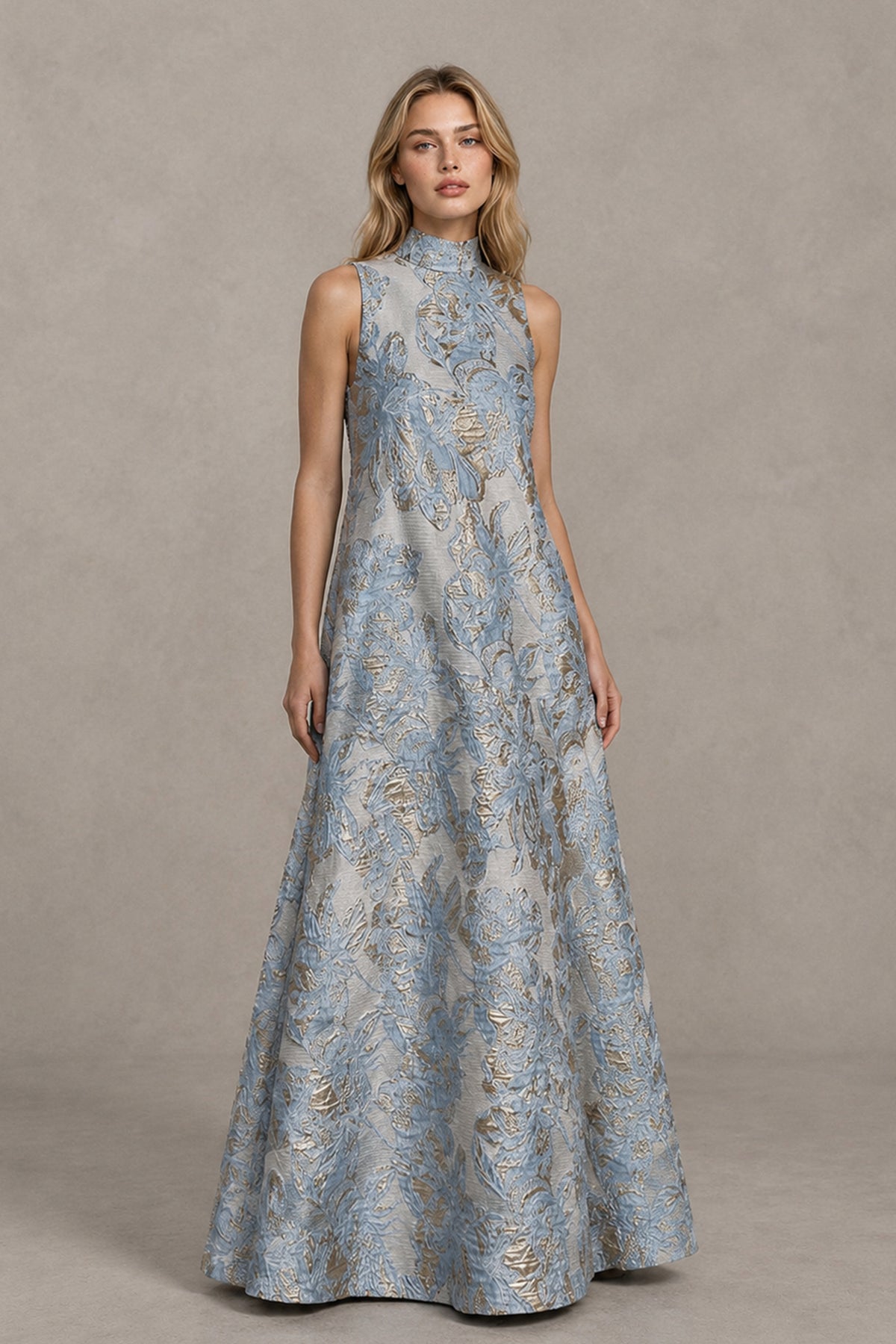 BOLODOO Dusty Blue Jacquard High Neck Sleeveless A-Line Maxi Dress – Wedding Guest & Formal Evening Gown - Dusty Blue