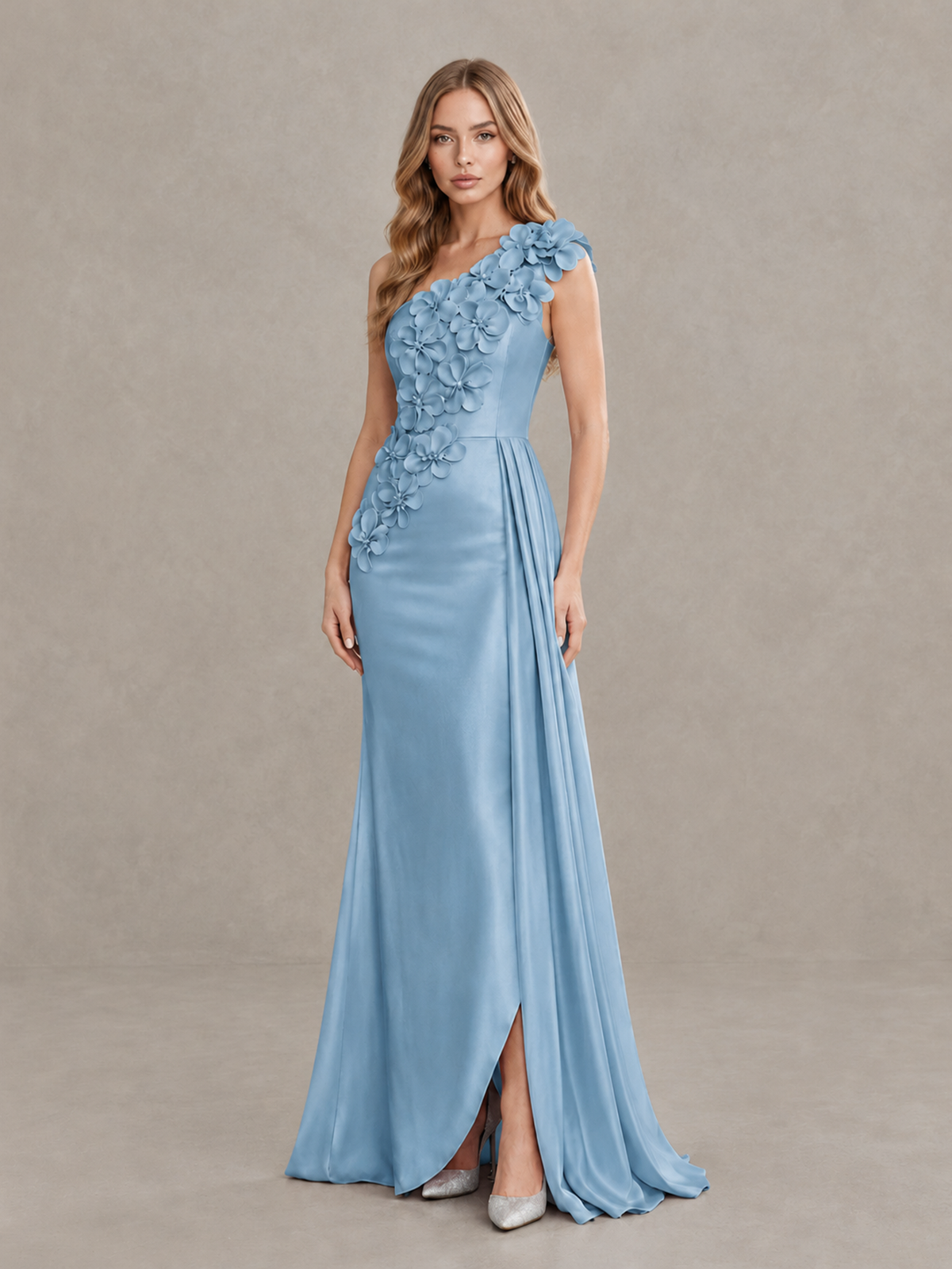 BOLODOO Dusty Blue One-Shoulder Satin Mermaid Evening Gown with 3D Floral Appliqué - Dusty Blue - Dusty Blue_3