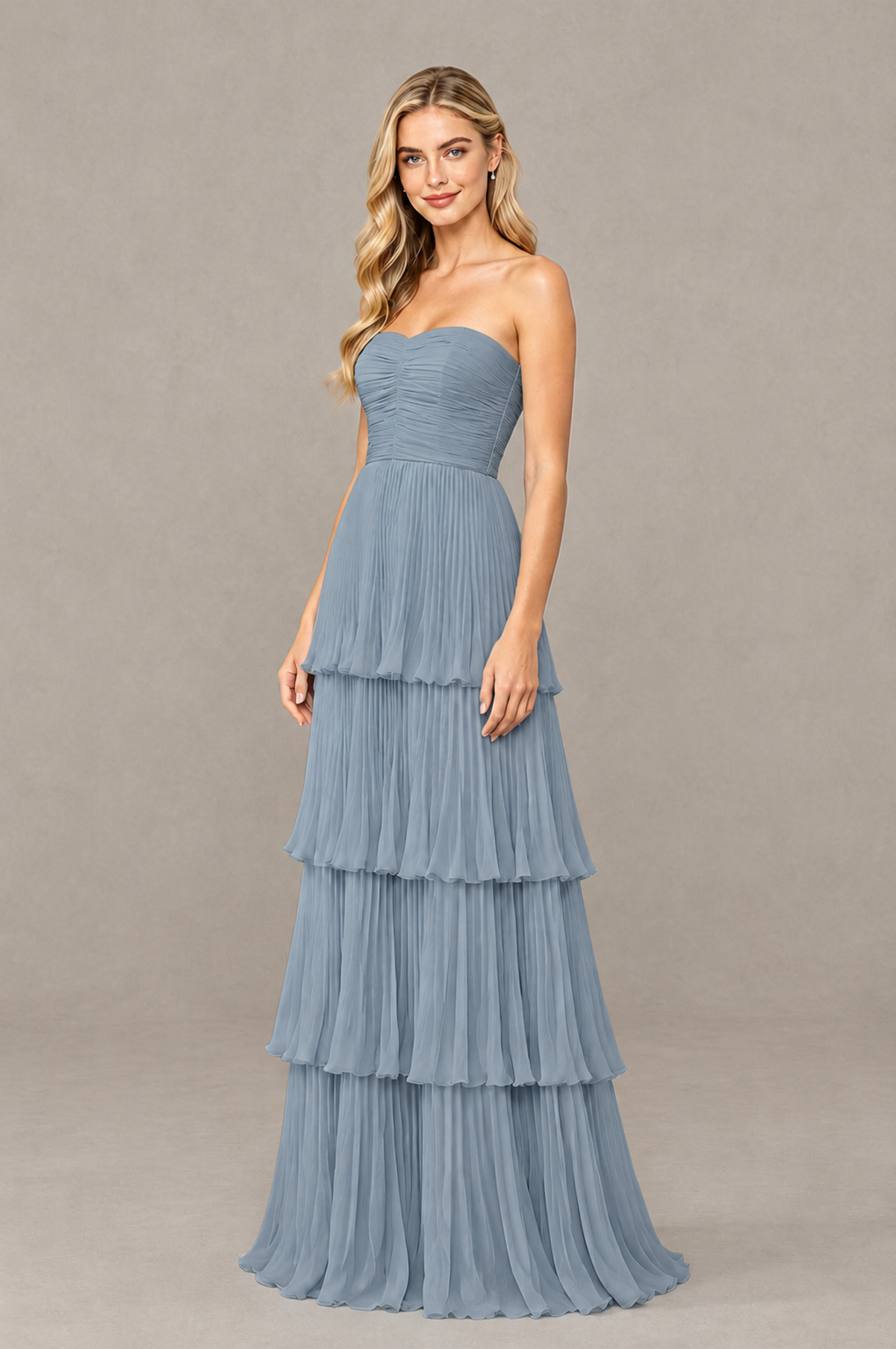 BOLODOO Dusty Blue Strapless Tiered Chiffon Maxi Dress - Dusty Blue