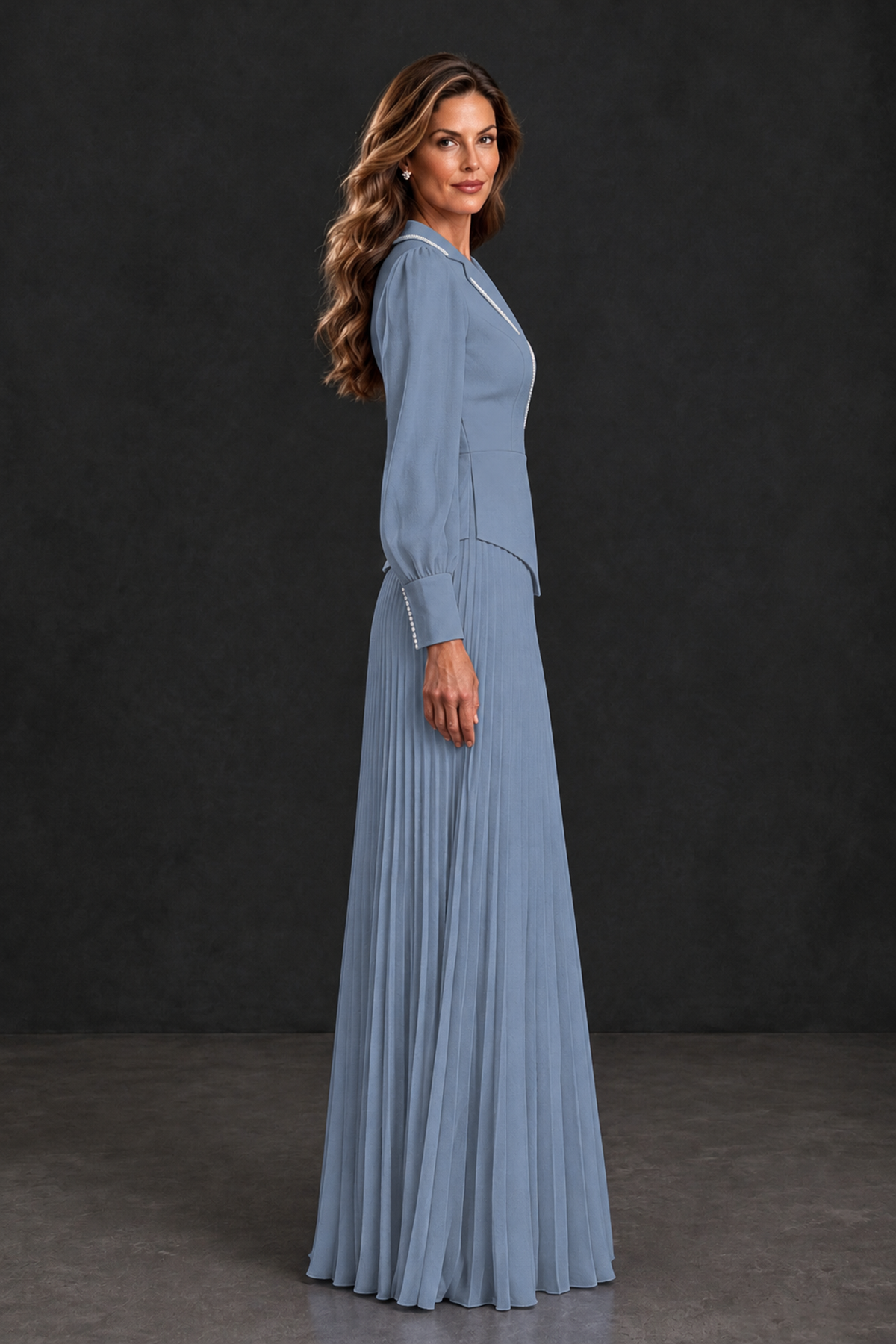 BOLODOO Dusty Blue Long Sleeve Pleated Mother of the Bride Dress - Dusty Blue - Dusty Blue_3