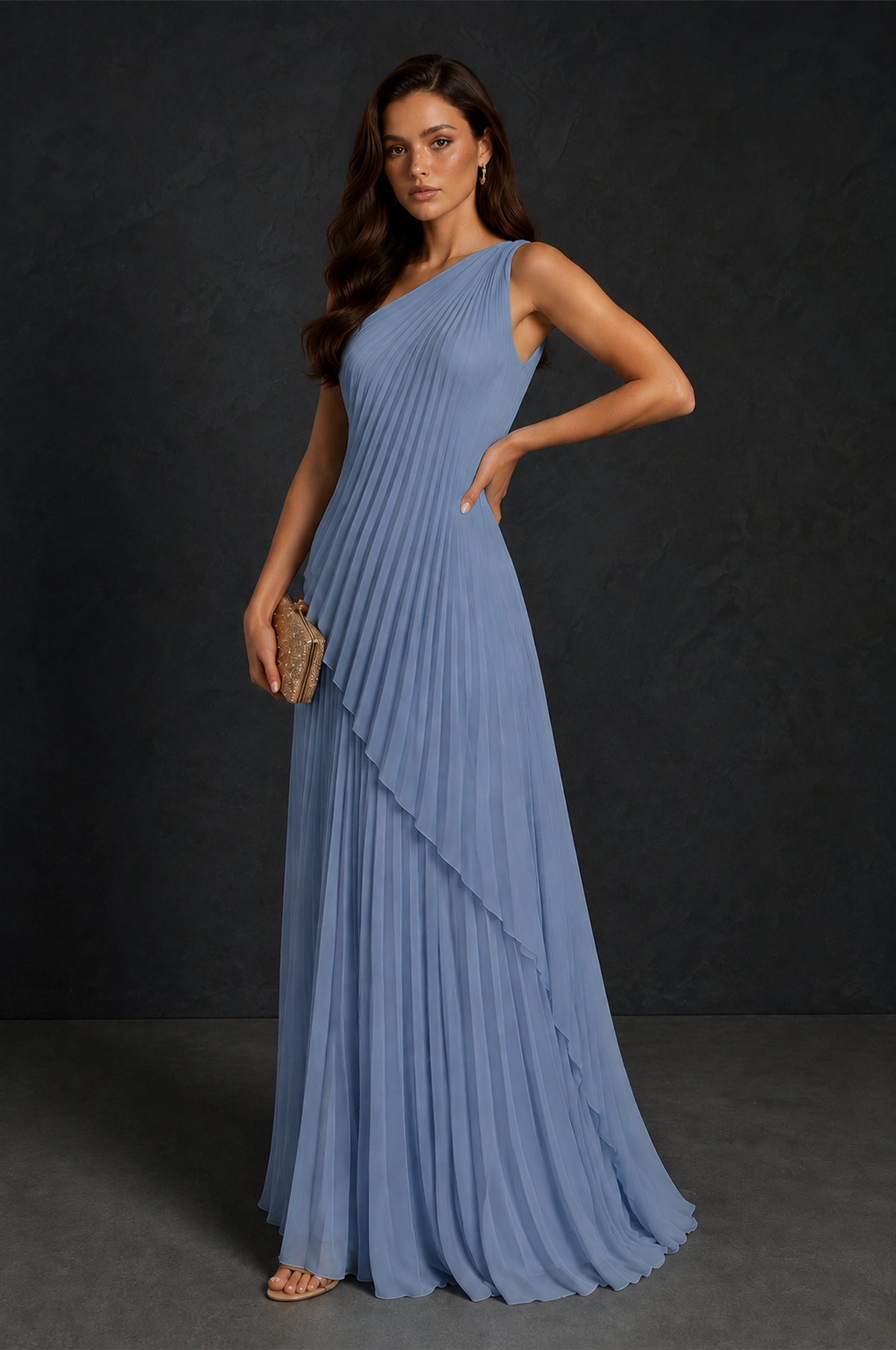 BOLODOO Dusty Blue One-Shoulder Sunburst Pleated Asymmetric Layered Overlay Accordion Pleated Chiffon Maxi Dress - Dusty Blue