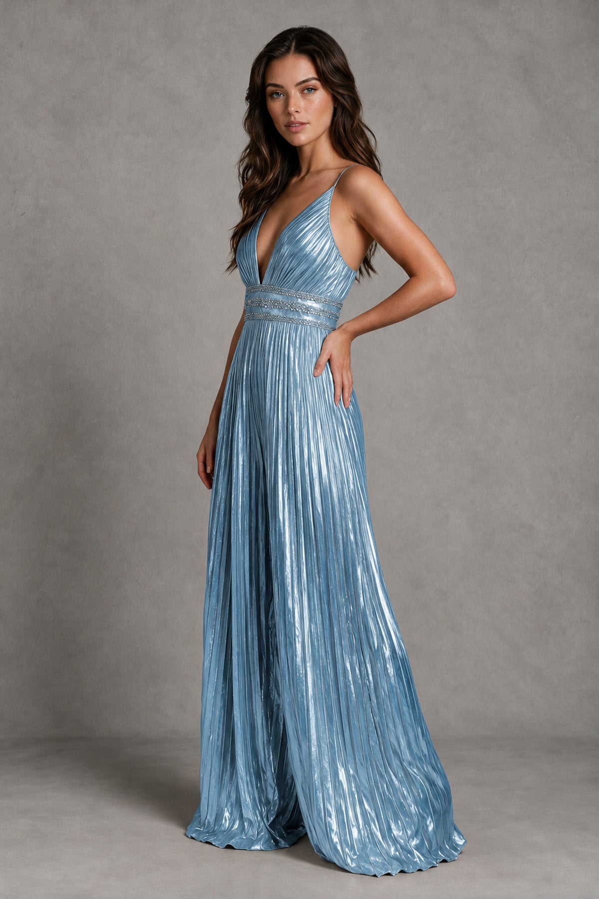 BOLODOO Dusty Blue Pleated Wide-Leg Jumpsuit with Open Back - Dusty Blue