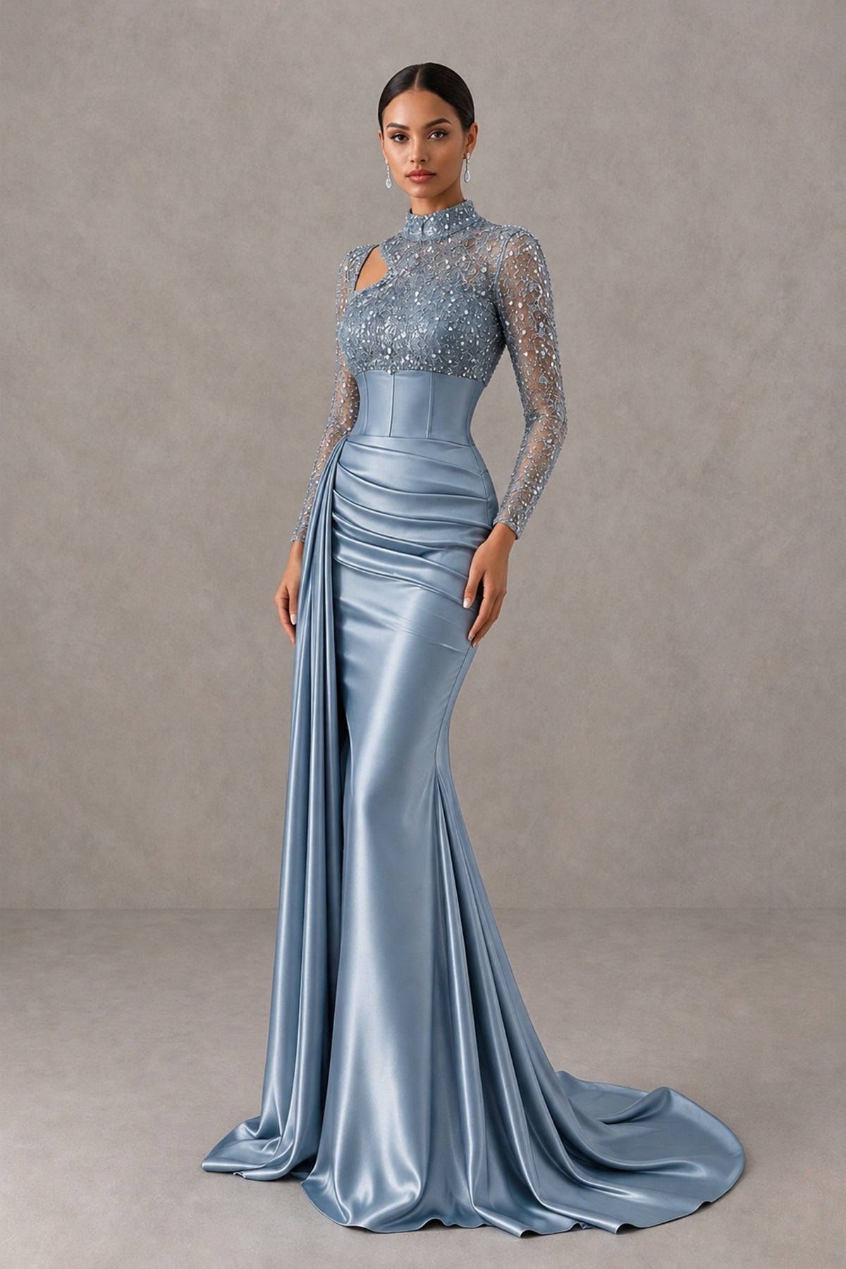 BOLODOO Dusty Blue Long Sleeve Embellished Satin Mermaid Evening Gown - Dusty Blue - Dusty Blue_3
