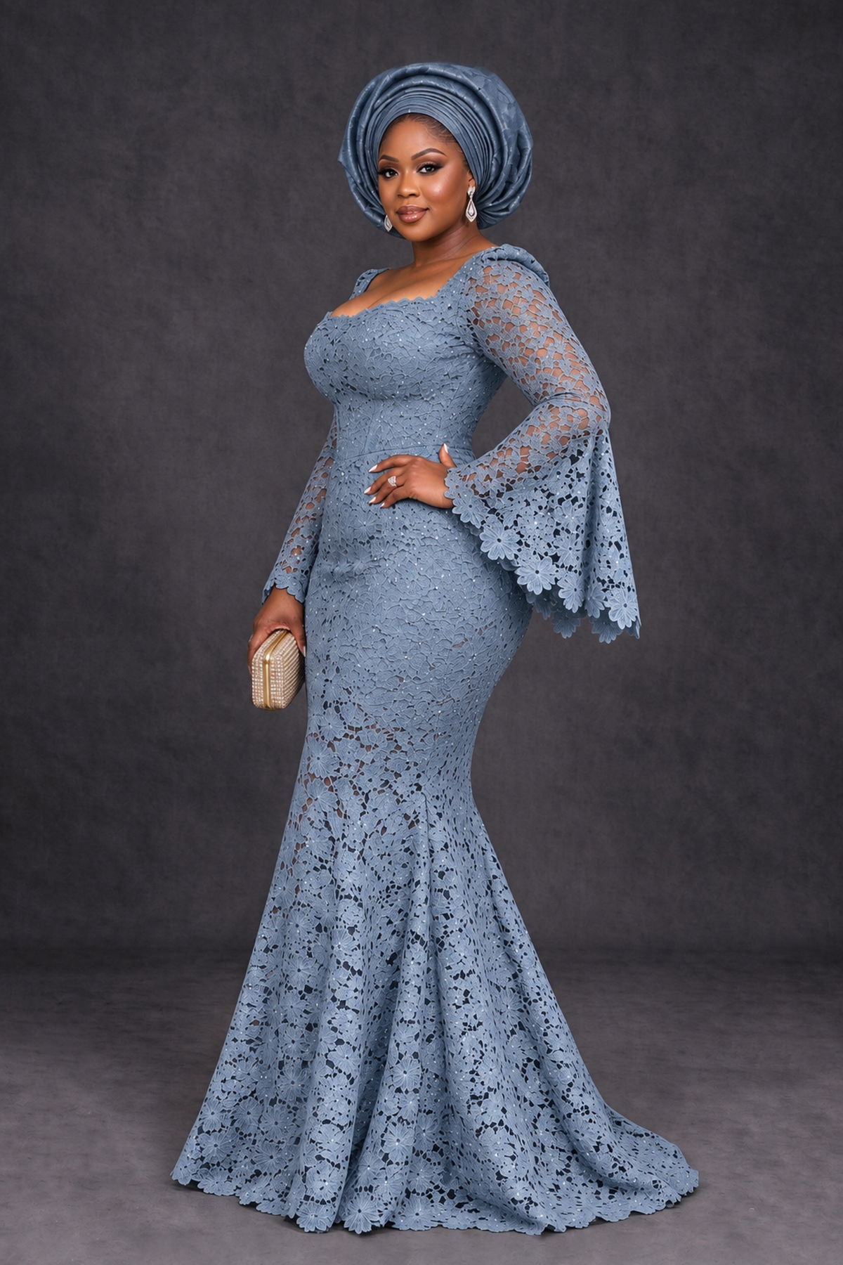 BOLODOO Dusty Blue African Lace Mermaid Dress, Plus Size Nigerian Wedding Guest Gown with Bell Sleeves - Dusty Blue - Dusty Blue_3