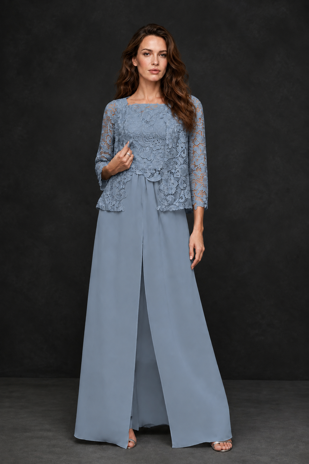BOLODOO Dusty Blue Grey Lace Peplum Top & Wide-Leg Chiffon Pants Set | Mother of the Bride & Formal Evening Outfit - Dusty Blue