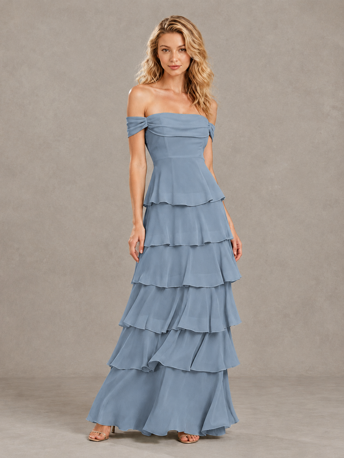 BOLODOO Dusty Blue Off-Shoulder Tiered Ruffle Bridesmaid Dress with Lace-Up Back - Dusty Blue - Dusty Blue_3