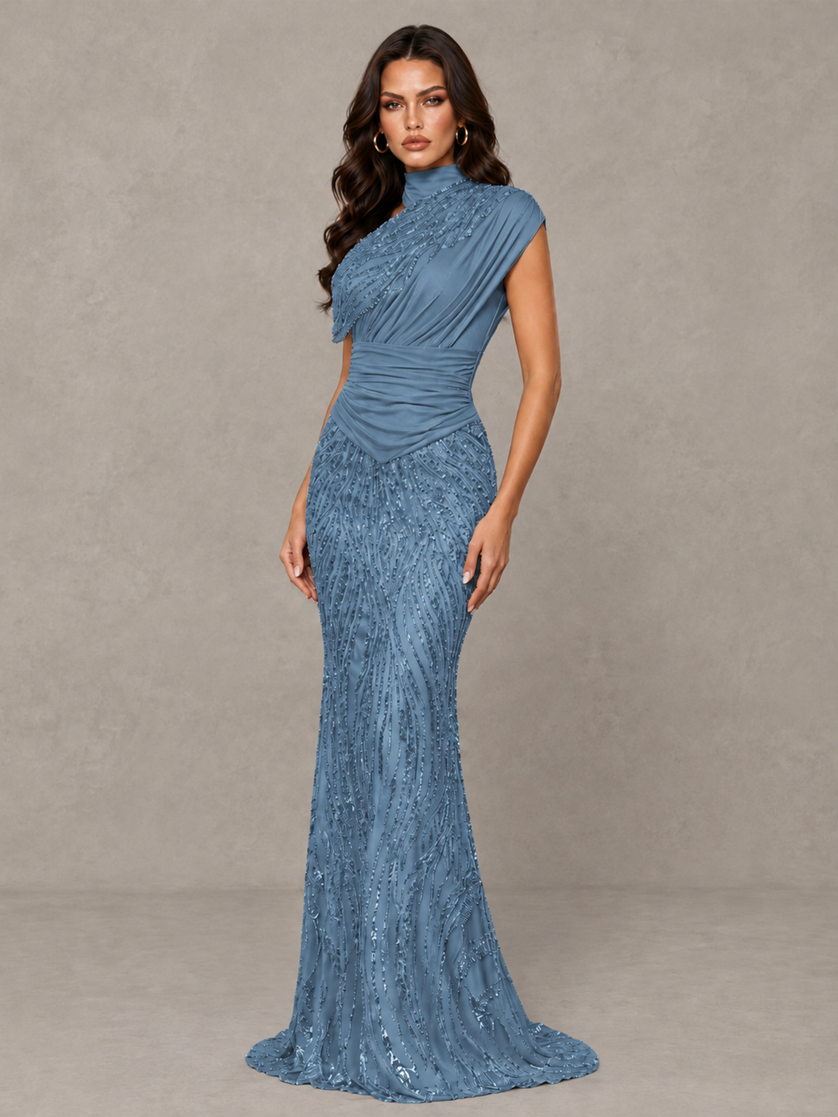 BOLODOO Dusty Blue High Neck Draped Sequin Mermaid Evening Gown - Dusty Blue - Dusty Blue_3