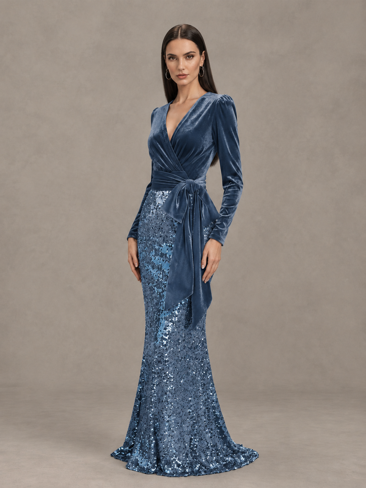 BOLODOO Dusty Blue Velvet & Sequin Long Sleeve V-Neck Mermaid Evening Gown - Dusty Blue - Dusty Blue_3