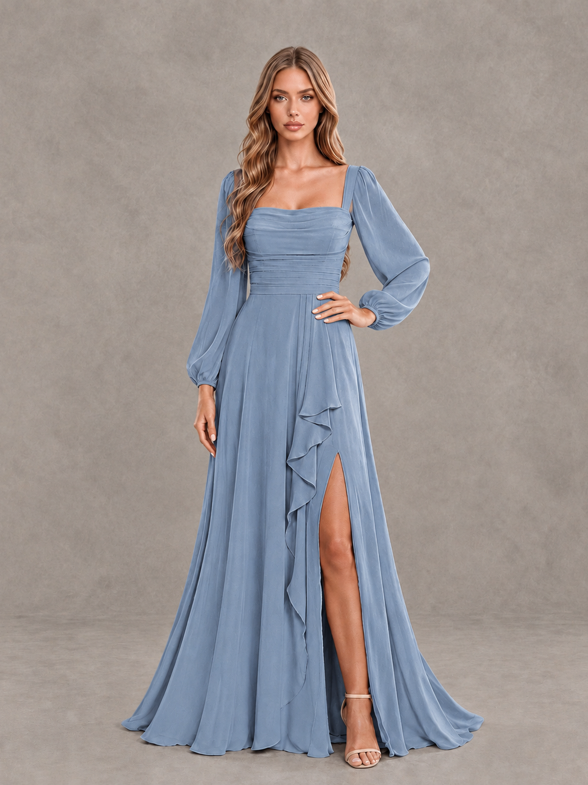 BOLODOO Dusty Blue Square Neck Long Sleeve Bridesmaid Dress with Ruffle Slit - Dusty Blue - Dusty Blue_3
