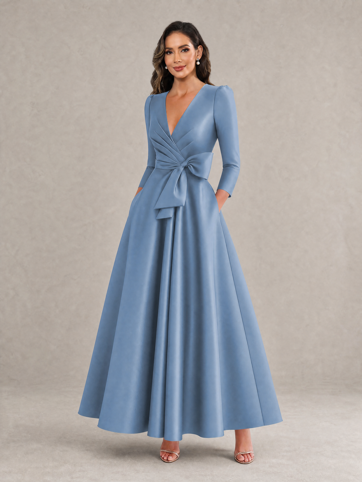 BOLODOO Dusty Blue Satin Deep V-Neck Wrap 3/4 Puff Sleeve A-Line Ball Gown Maxi Dress with Oversized Bow Belt - Dusty Blue