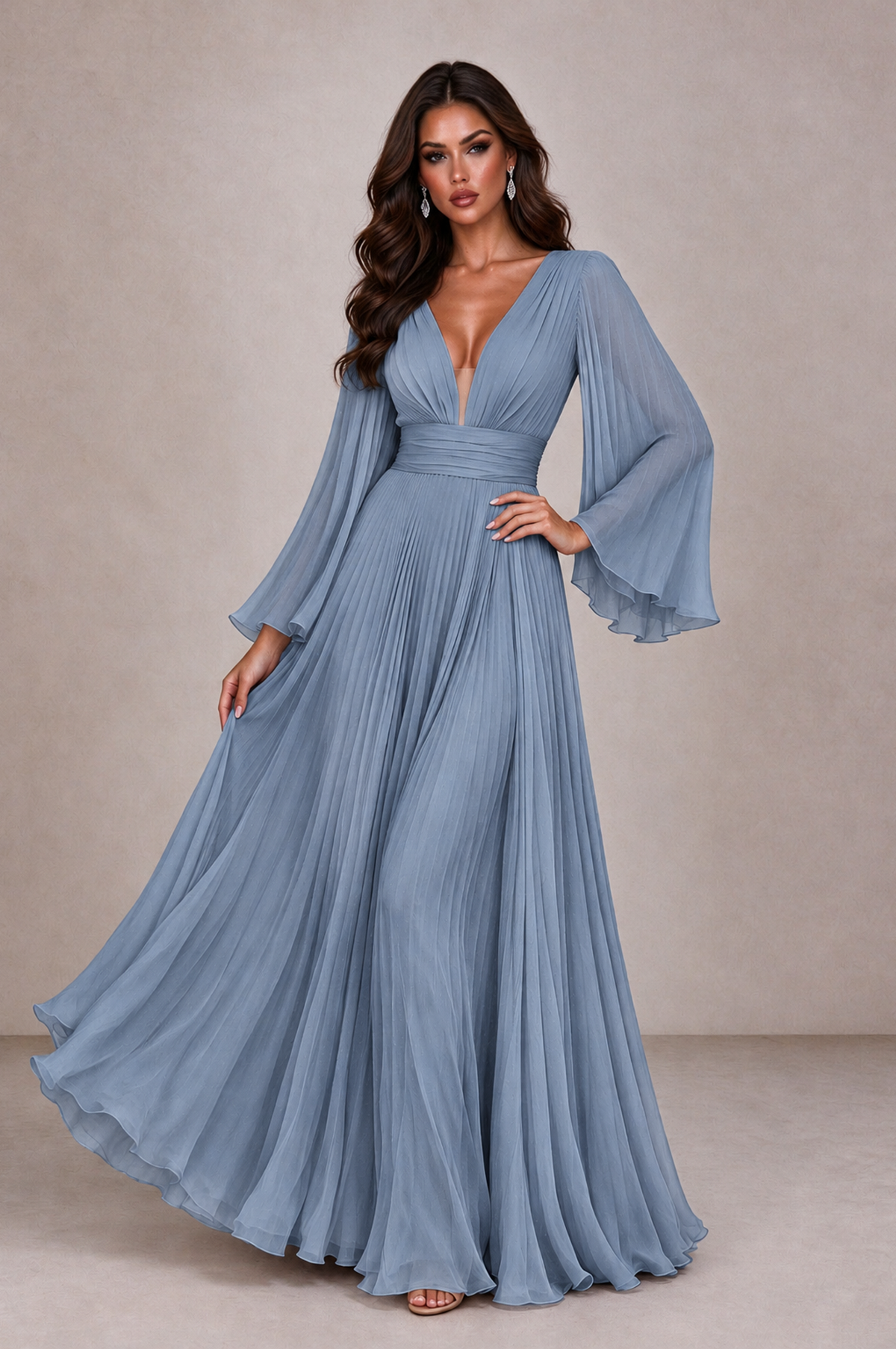 BOLODOO Dusty Blue Pleated Deep V-Neck Long Bell Sleeve Evening Dress - Dusty Blue - Dusty_Blue_3