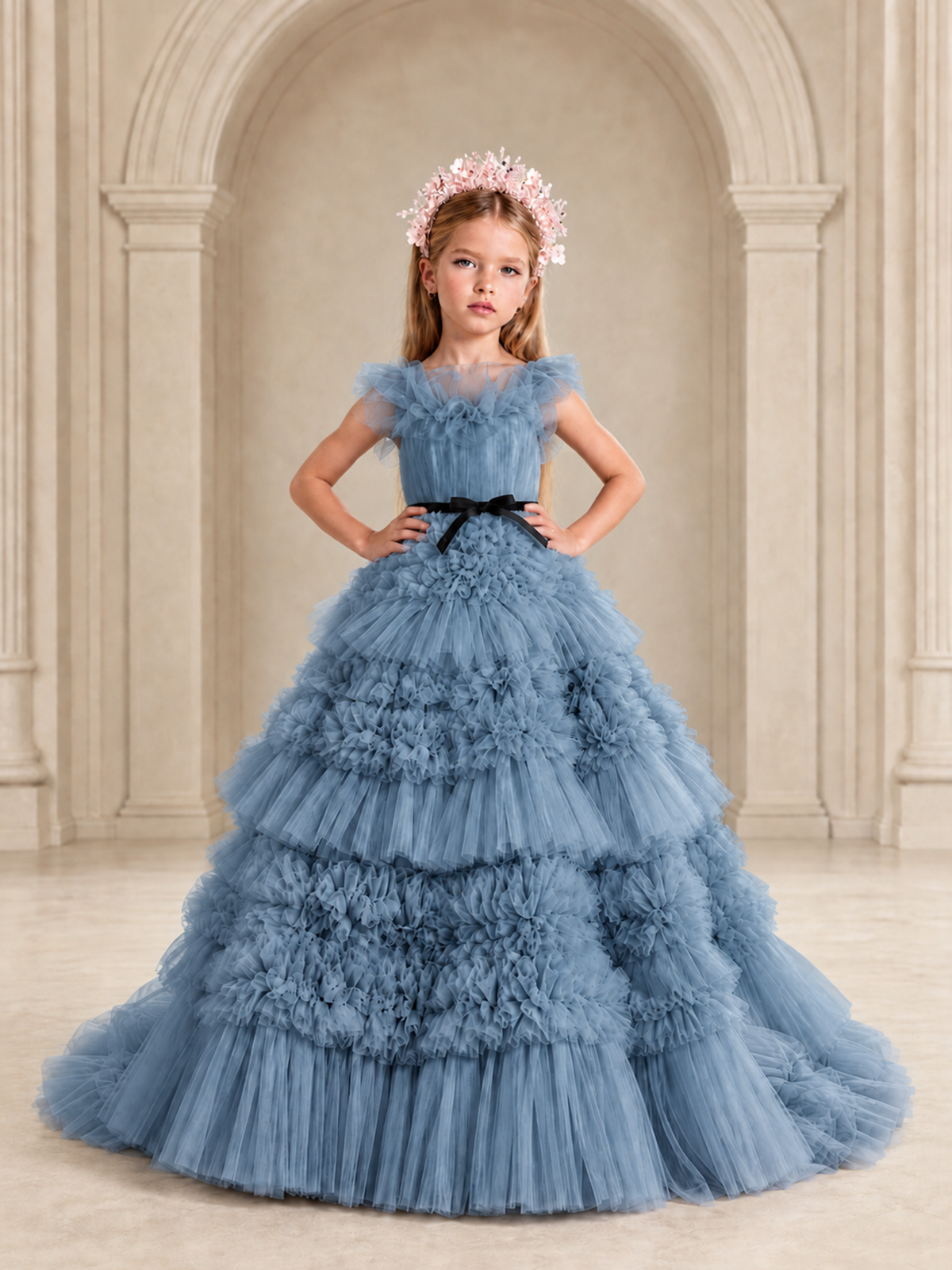BOLODOO Dusty Blue Tiered Tulle Flower Girl Dress with Floral Appliques - Dusty Blue - Dusty Blue_3