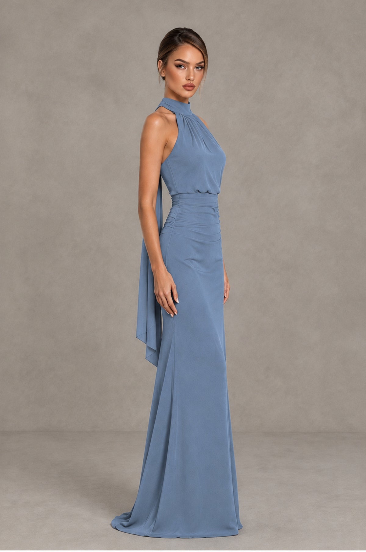 BOLODOO Dusty Blue Chiffon Halter Maxi Formal Wedding Guest Dress - Dusty Blue - Dusty Blue_3