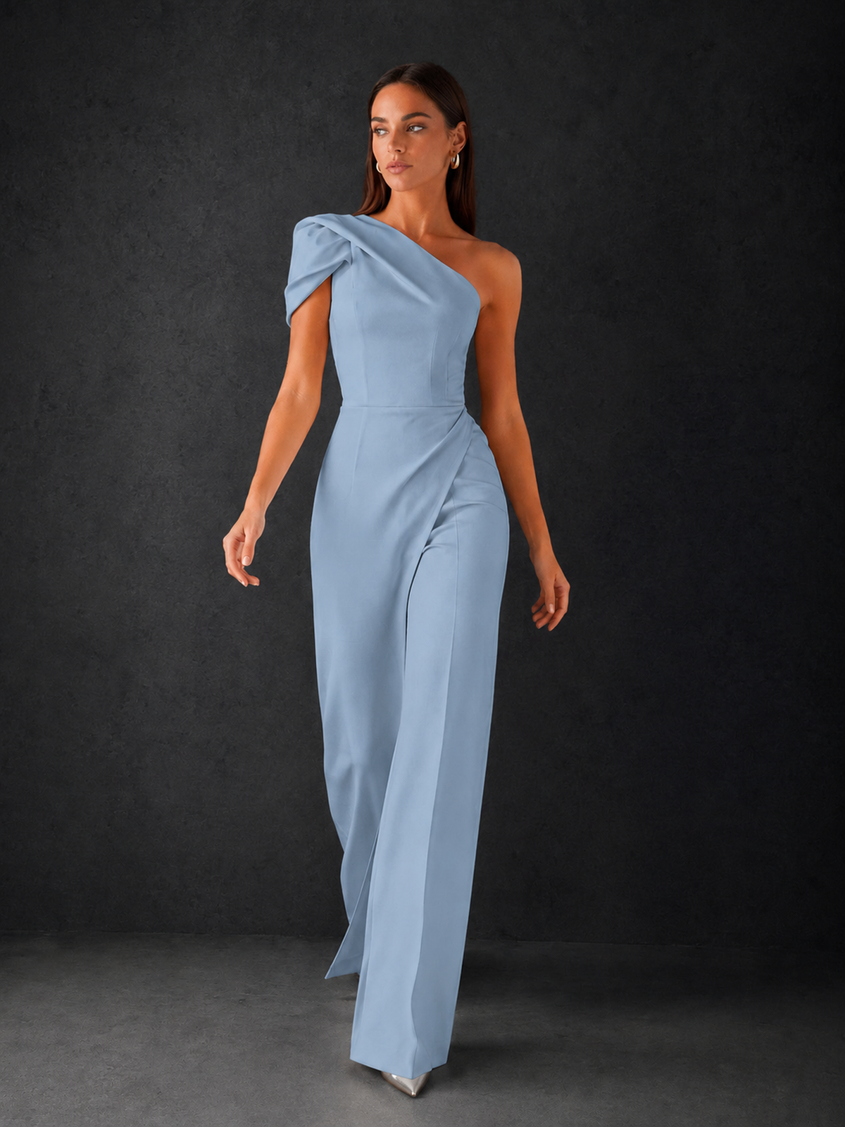 BOLODOO Dusty Blue One-Shoulder Puff Sleeve Wide-Leg Jumpsuit with Front Slit and Open Back - Dusty Blue