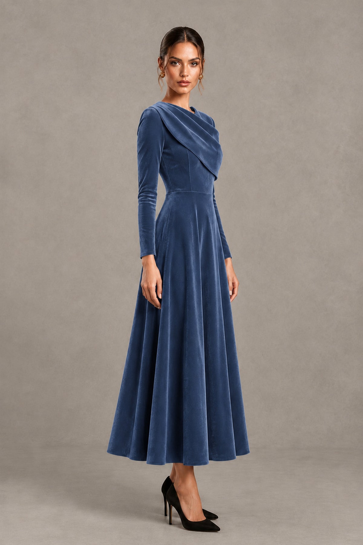 BOLODOO Dusty Blue Velvet-Look Long Sleeve Tea-Length A-Line Dress with Draped Neckline - Dusty Blue - Dusty Blue_3