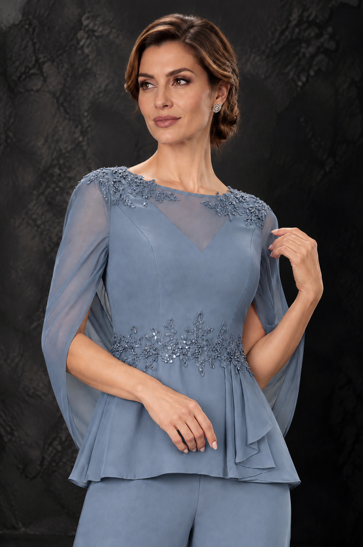 BOLODOO Dusty Blue Embellished Cape Sleeve Mother of the Bride Pantsuit - Dusty Blue - Dusty_Blue_3