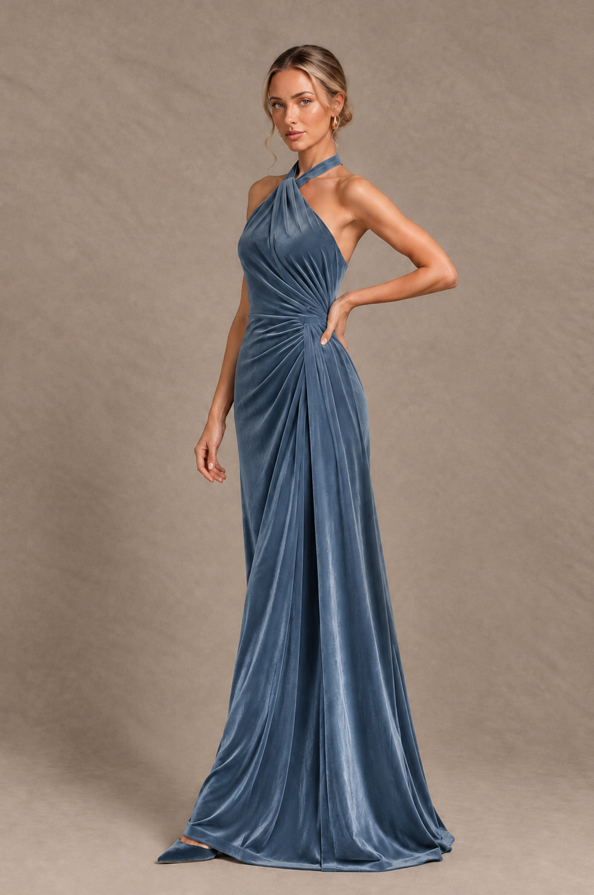 BOLODOO Dusty Blue Velvet Halter Open-Back Ruched Evening Dress - Dusty Blue - Dusty_Blue_3