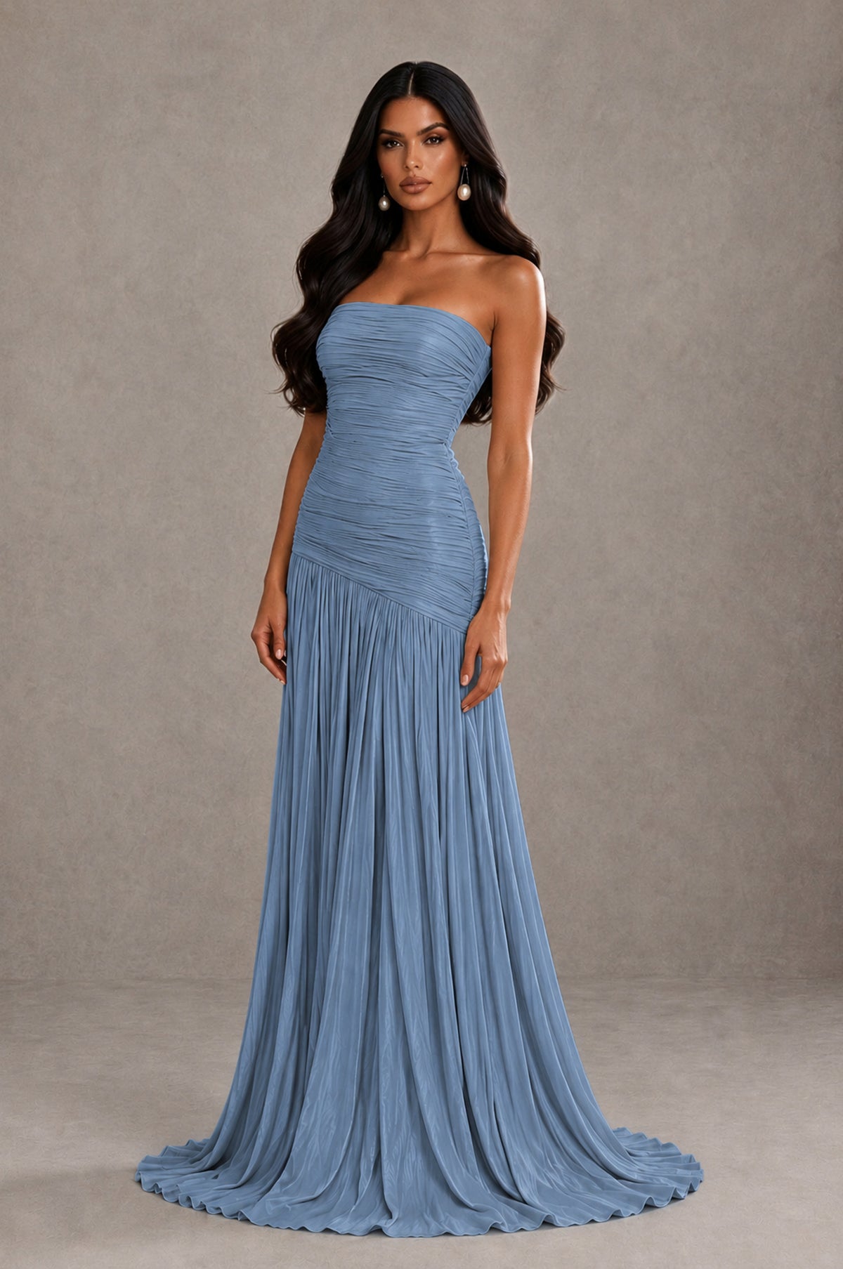 BOLODOO Dusty Blue Metallic Ruched Strapless Pleated A-Line Backless Maxi Dress with Train - Dusty Blue - Dusty Blue_3