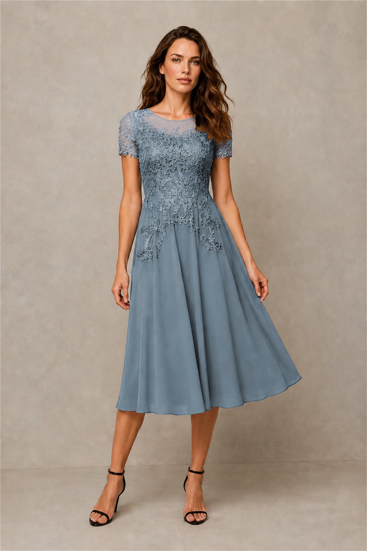 BOLODOO Steel Dusty Blue Beaded Lace Illusion Bodice Chiffon Tea-Length Dress | Mother of the Bride & Cocktail Party - Dusty Blue