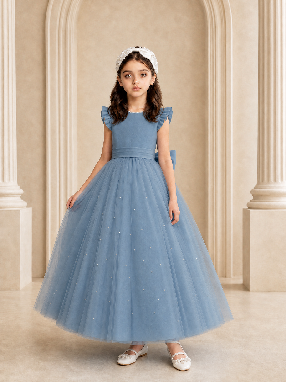 BOLODOO Dusty Blue Tulle Flower Girl Dress with Ruffle Sleeves & Bow Back - Dusty Blue - Dusty_Blue_3