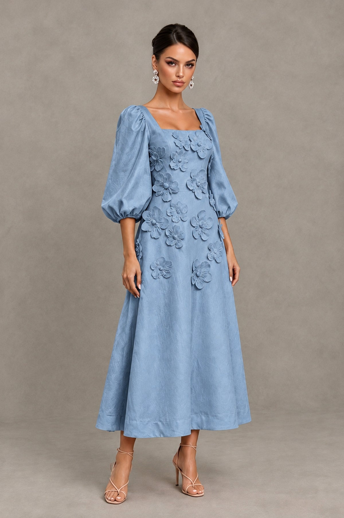 BOLODOO Dusty Blue 3D Floral Puff Sleeve Midi Cocktail Dress - Dusty Blue - Dusty Blue_3