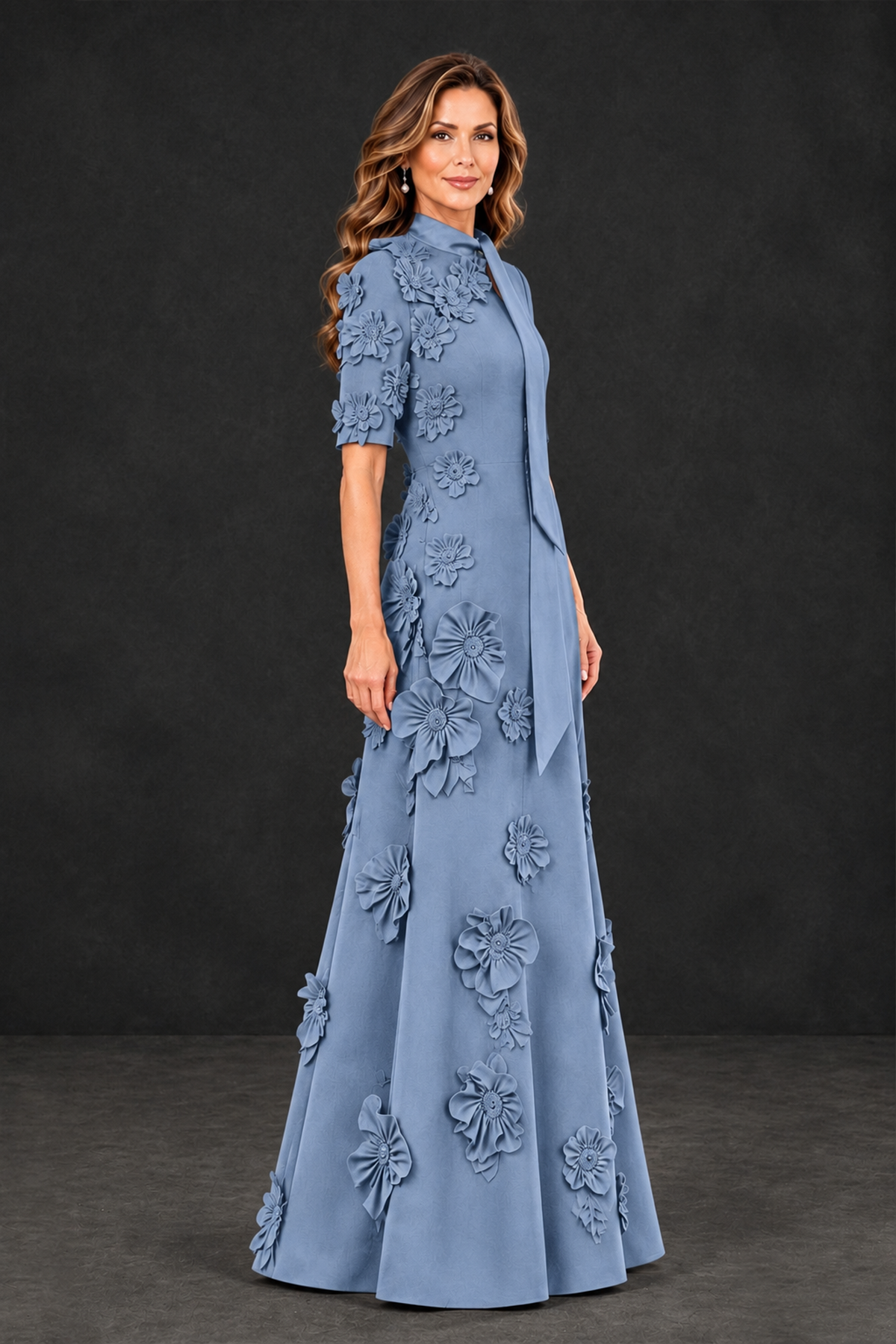 BOLODOO Dusty Blue Floral Applique High-Neck Half-Sleeve Gown - Dusty Blue - Dusty Blue_3