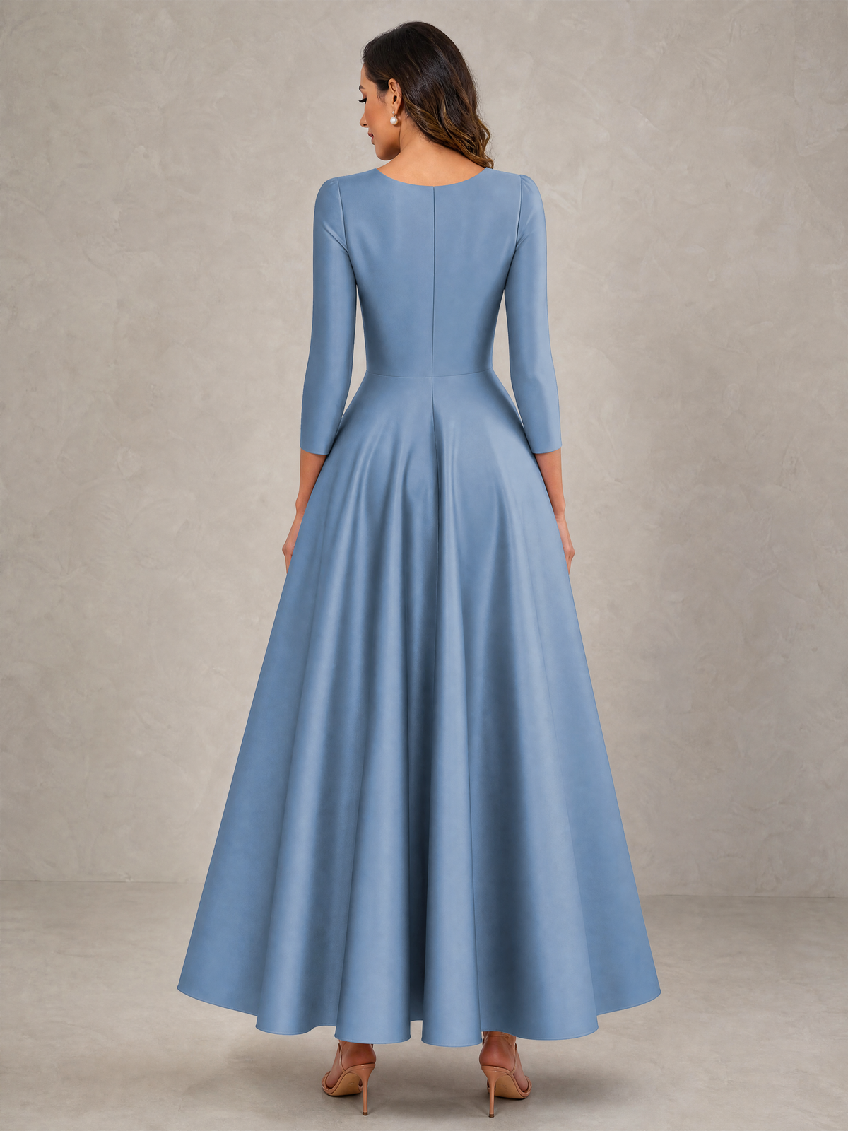 BOLODOO Dusty Blue Satin Deep V-Neck Wrap 3/4 Puff Sleeve A-Line Ball Gown Maxi Dress with Oversized Bow Belt - Dusty Blue