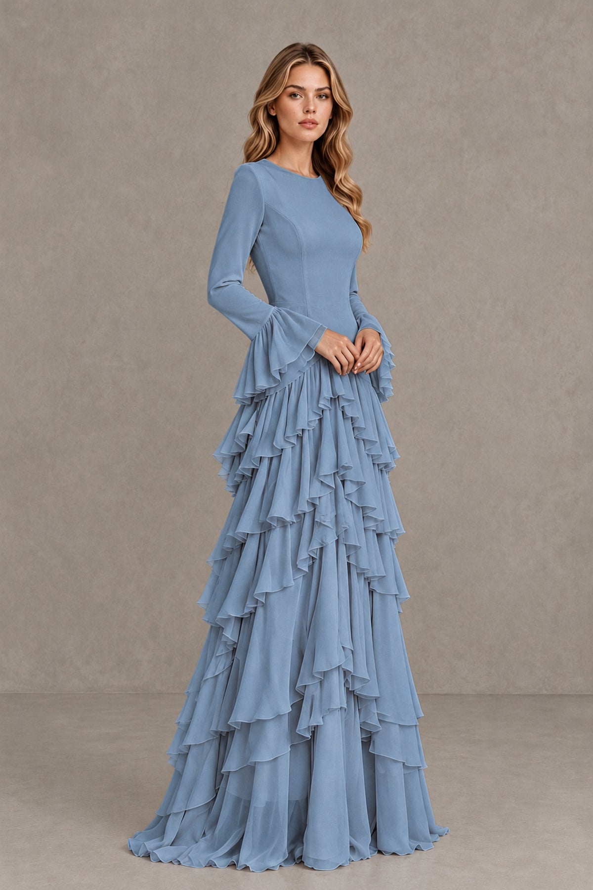 Dusty Blue Long Sleeve Tiered Ruffle Evening Gown - Dusty Blue - Dusty Blue_4