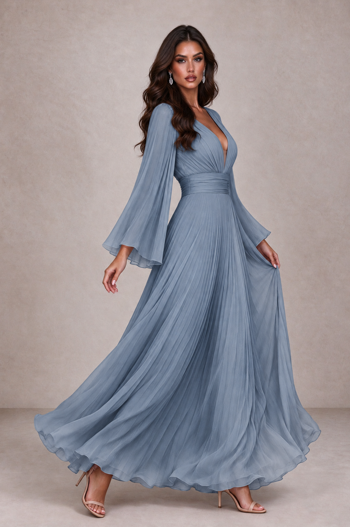 BOLODOO Dusty Blue Pleated Deep V-Neck Long Bell Sleeve Evening Dress - Dusty Blue - Dusty_Blue_4