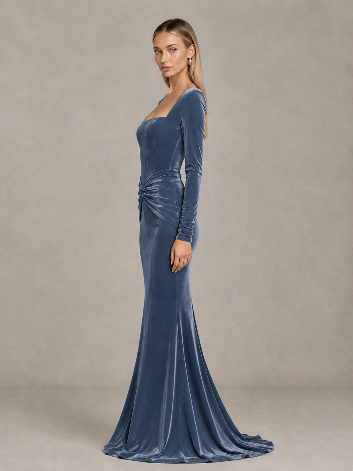 BOLODOO Dusty Blue Velvet-Look Square Neck Long Sleeve Mermaid Evening Dress - Dusty Blue - Dusty Blue_4