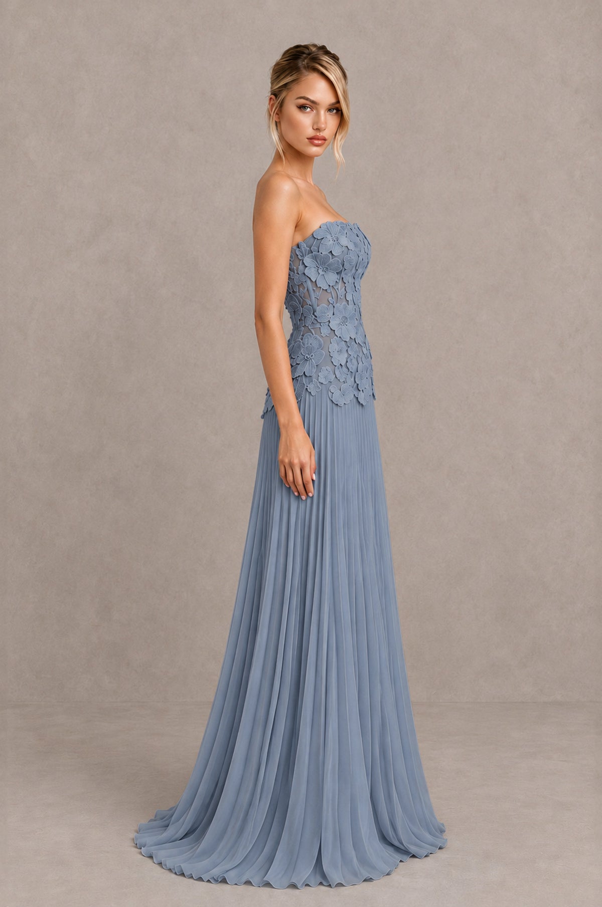 BOLODOO Dusty Blue Strapless Floral Applique Pleated Evening Dress - Dusty Blue - Dusty Blue_4
