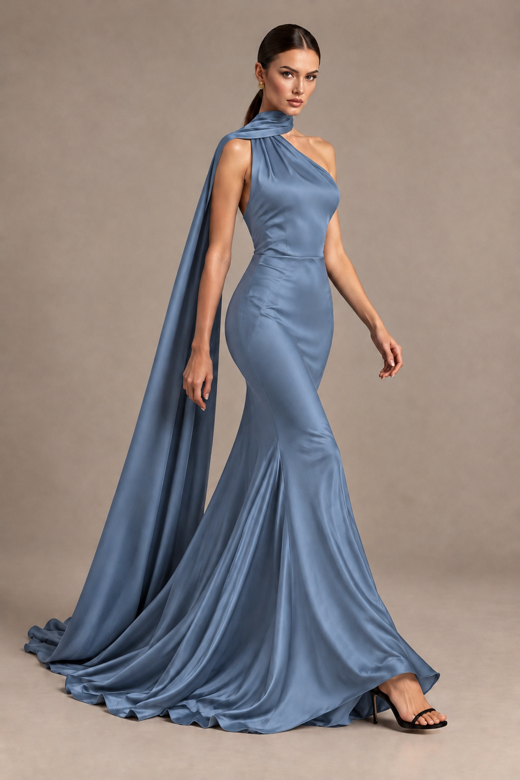 BOLODOO Dusty Blue One-Shoulder Satin Mermaid Evening Dress with Scarf - Dusty Blue - Dusty Blue_4