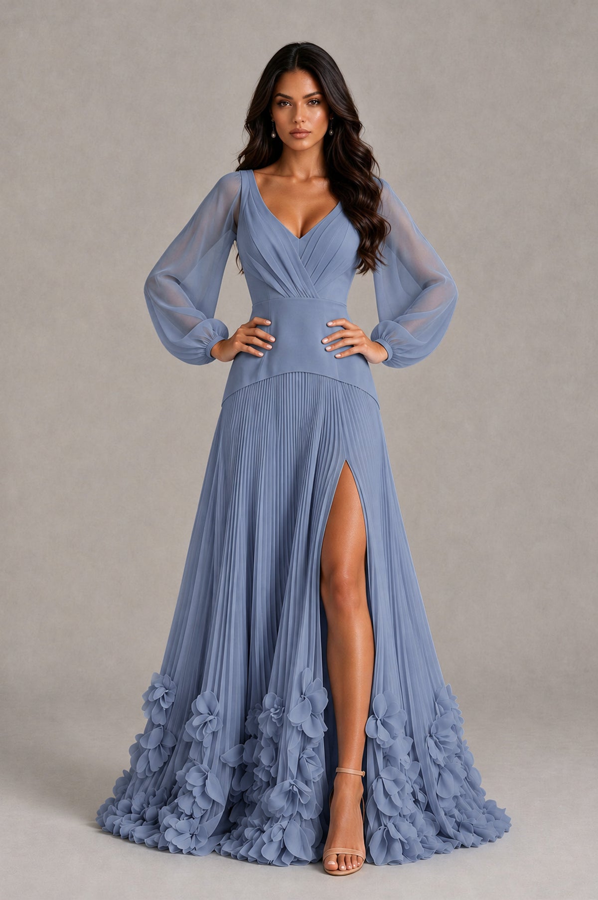 BOLODOO Dusty Blue V-Neck Long Sleeve Pleated Floral Hem Evening Dress - Dusty Blue - Dusty Blue_4