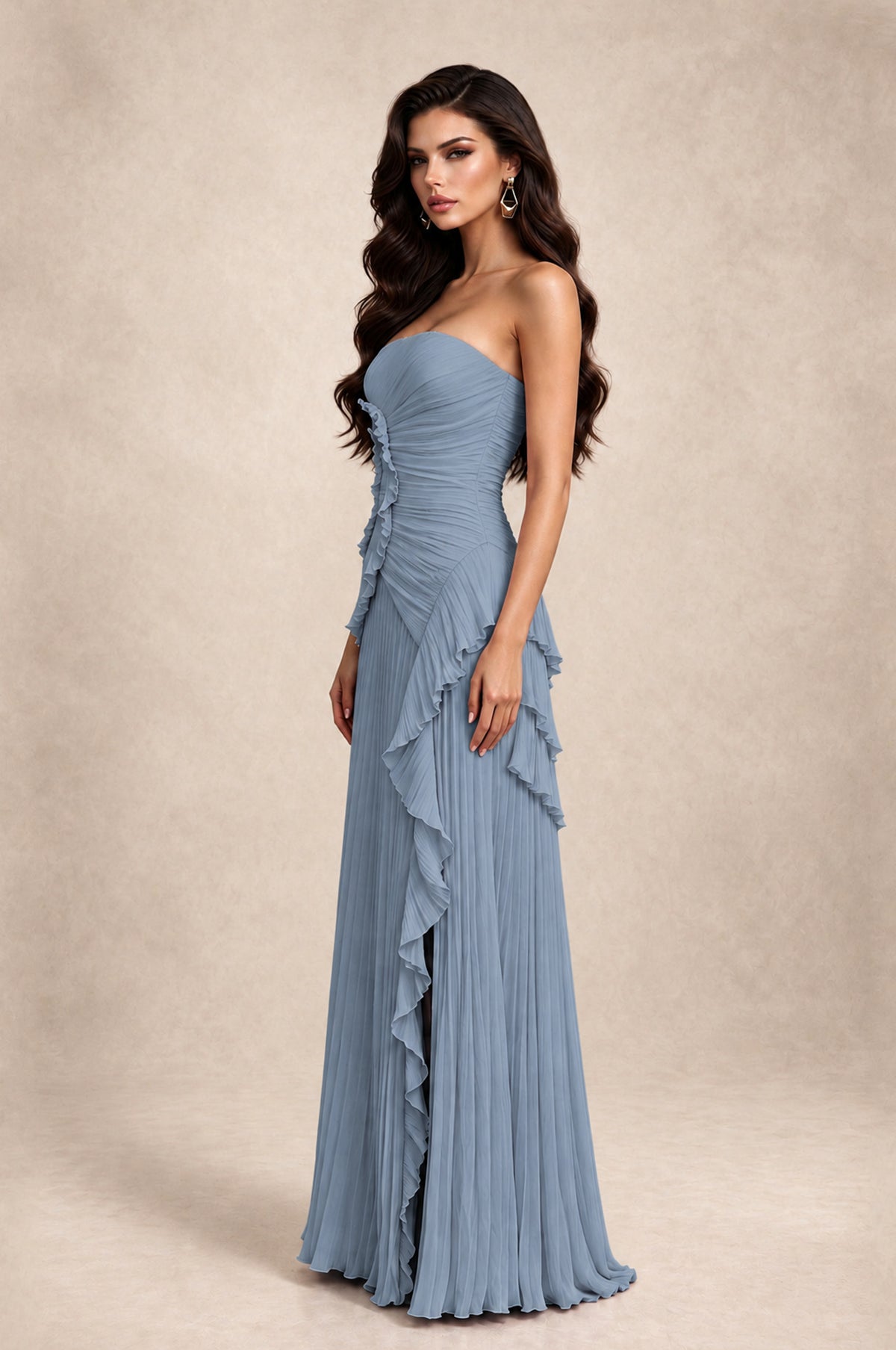 BOLODOO Dusty Blue Strapless Ruffle Pleated Slit Evening Gown - Dusty Blue - Dusty Blue_4