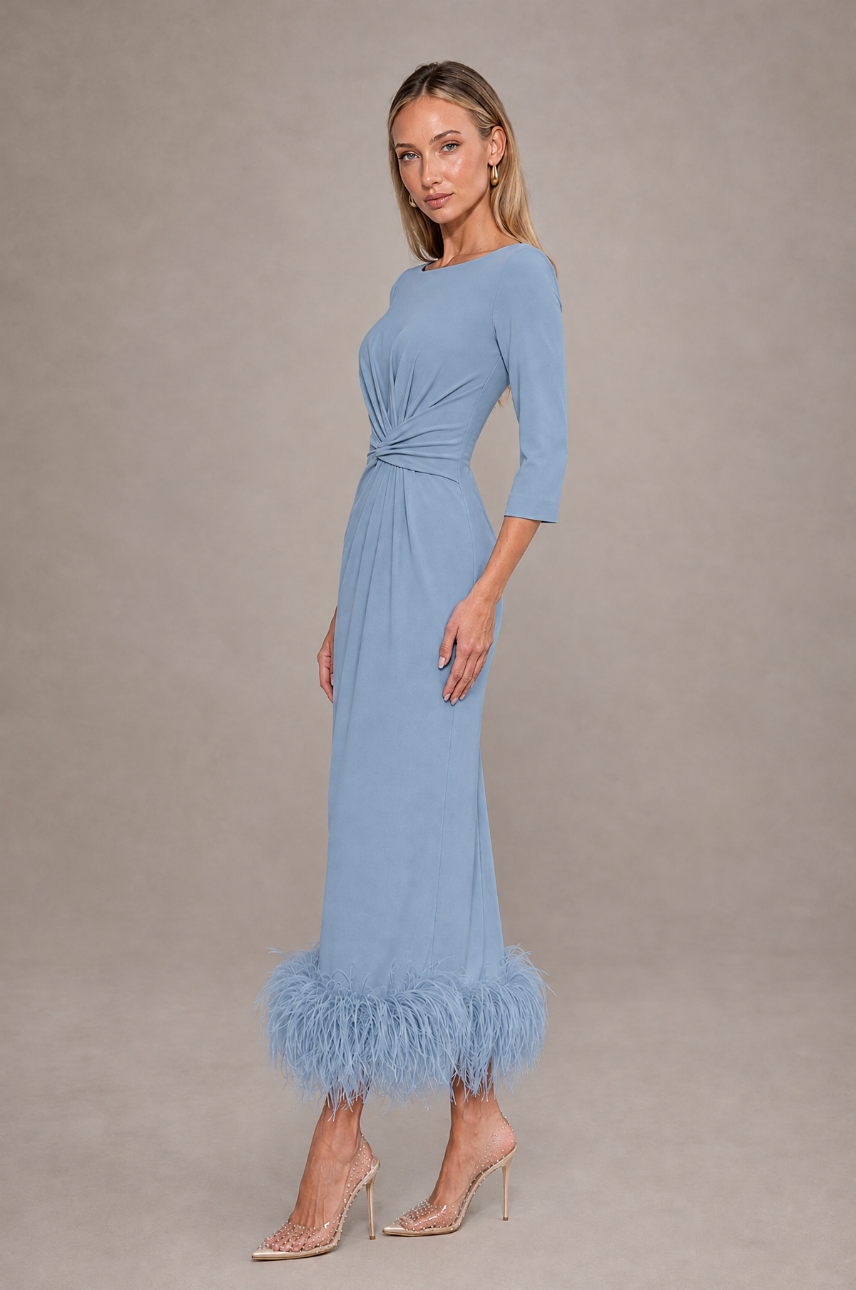 BOLODOO Dusty Blue Feather-Trim Twist-Waist Midi Dress - Dusty Blue - Dusty_Blue_4
