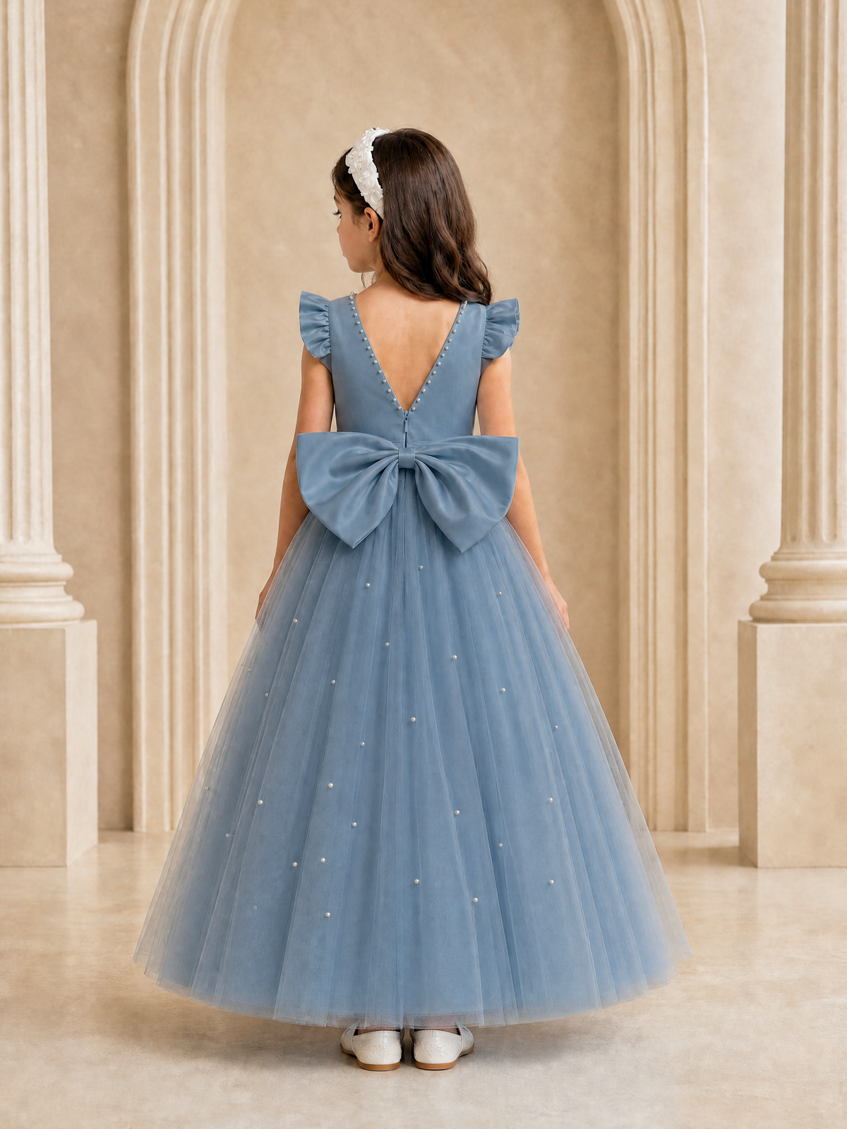 BOLODOO Dusty Blue Tulle Flower Girl Dress with Ruffle Sleeves & Bow Back - Dusty Blue - Dusty_Blue_4