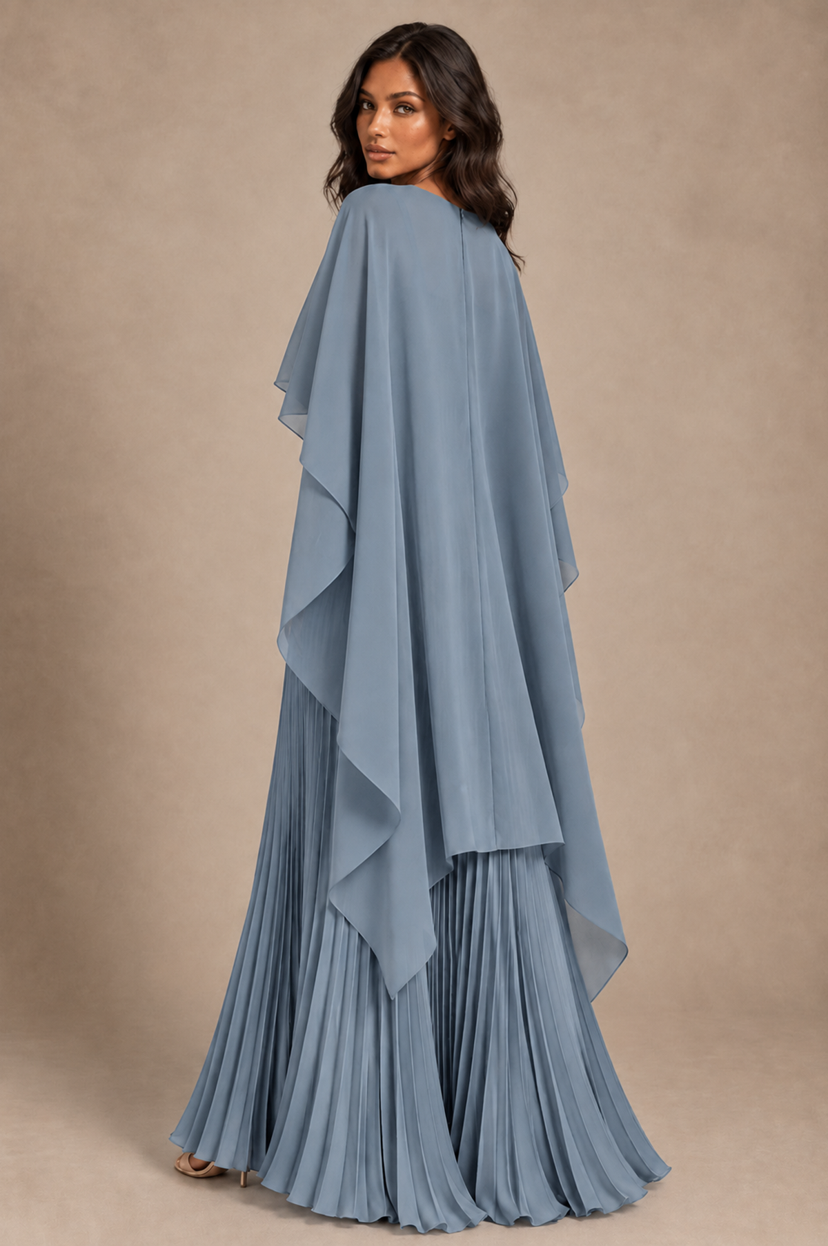BOLODOO Dusty Blue Pleated Cape A-Line Evening Dress - Dusty Blue - Dusty_Blue_4