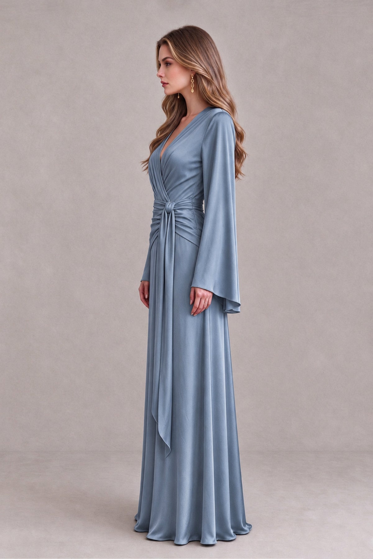 BOLODOO Dusty Blue Yellow Satin-Look V-Neck Long Bell Sleeve Evening Dress - Dusty Blue - Dusty_Blue_4