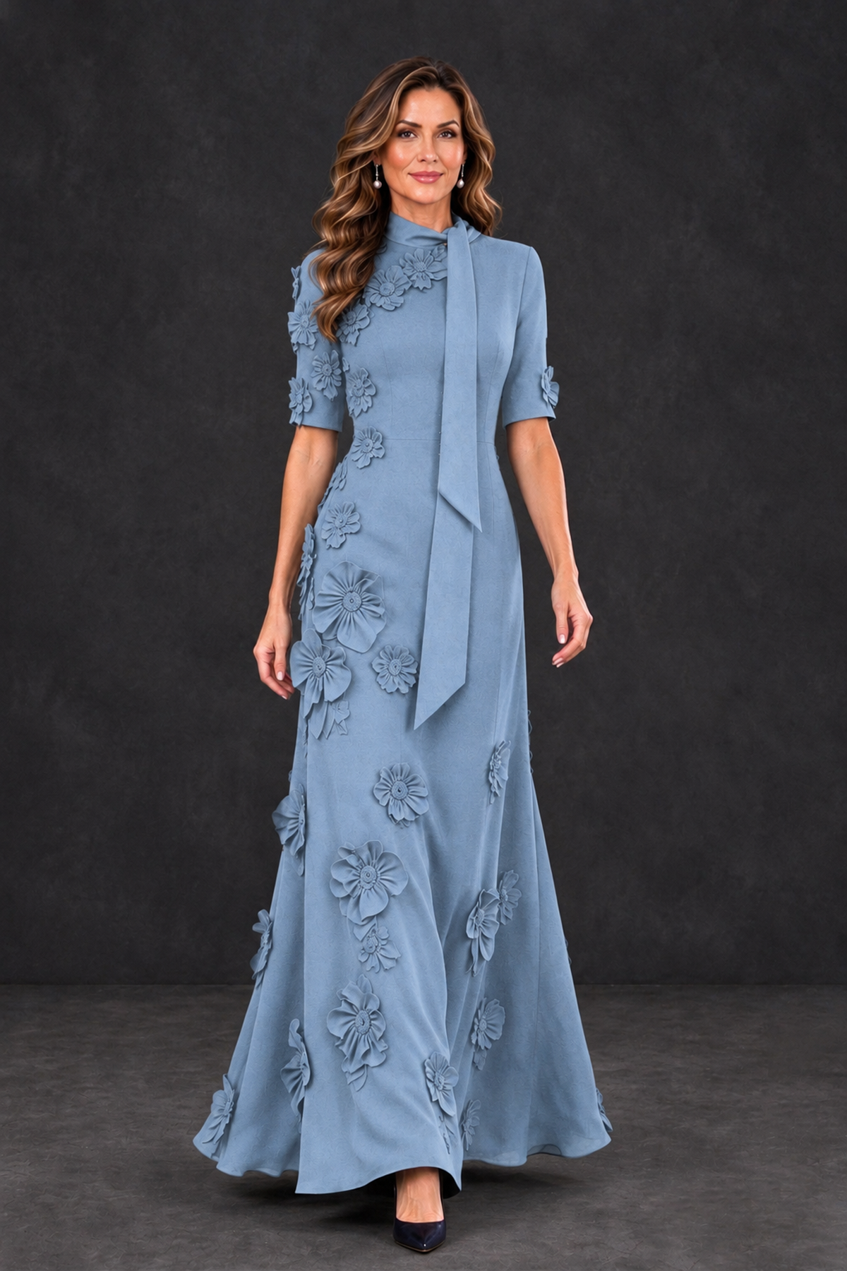 BOLODOO Dusty Blue Floral Applique High-Neck Half-Sleeve Gown - Dusty Blue - Dusty Blue_4