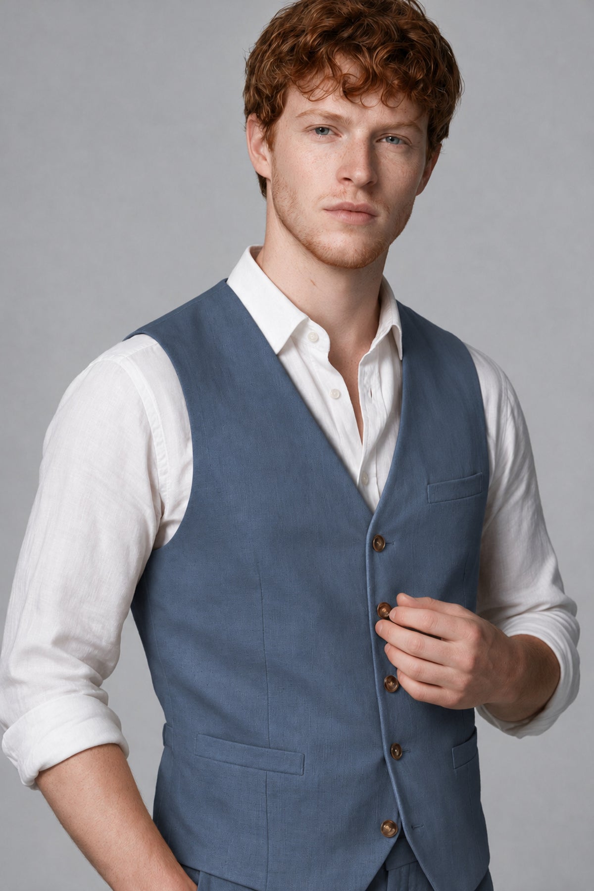Bolodoo Men's Dusty Blue 2-Piece Vest and Pants Set with V-Neck Waistcoat - Dusty Blue - Dusty Blue_4