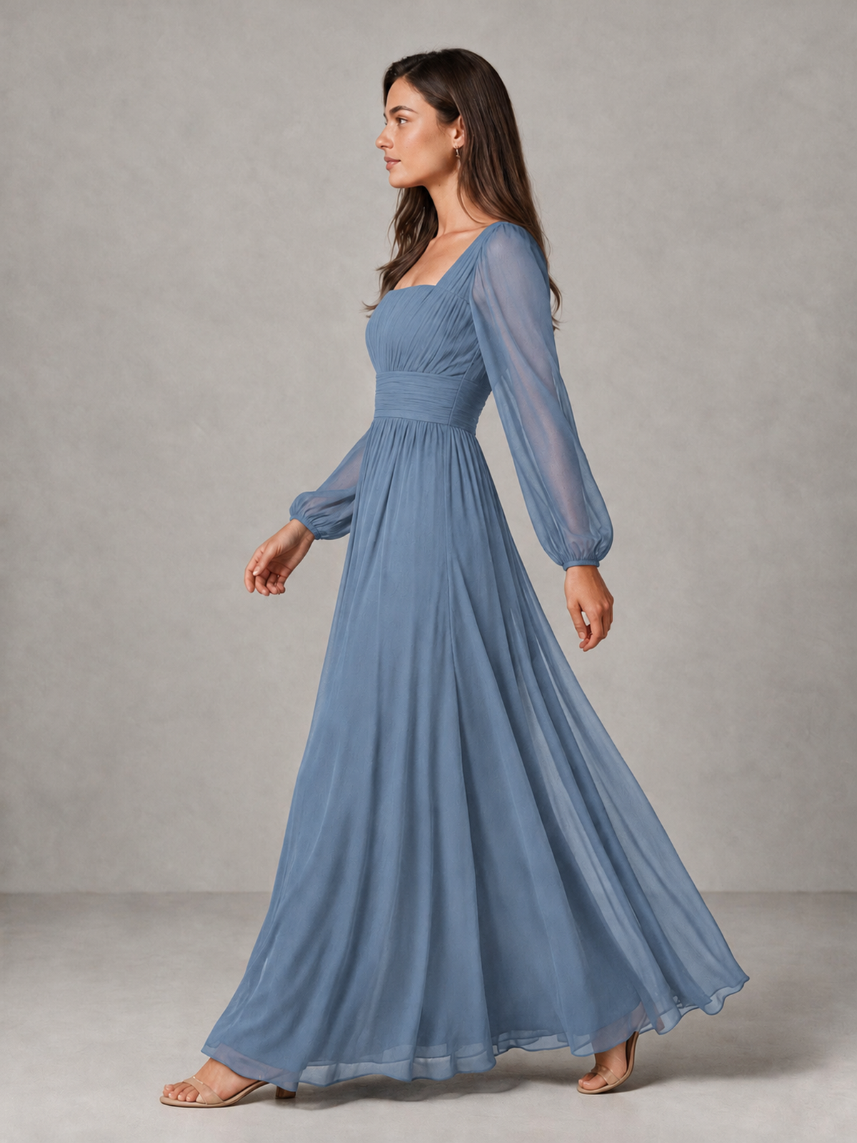 BOLODOO Dusty Blue Square Neck Long Sleeve Chiffon Bridesmaid Dress - Dusty Blue - Dusty Blue_4